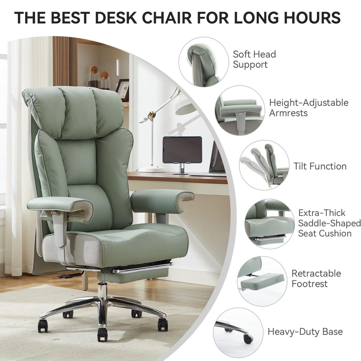 Efomao Big and Tall Office Chair 400lbs - Heavy Duty Executive Desk Chair with Foot Rest & 23" Wide Seat - High Back Ergonomic Leather Computer Chair for Heavy People, Home Office, Green