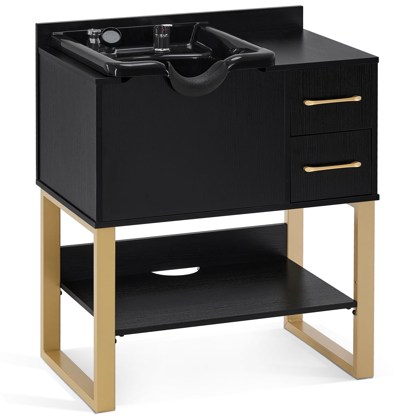 BarberPub Shampoo Cabinet with Sink, Modern Salon Backwash Station with Bowl, Neck Rest, 2 Drawers, Storage Shelf,Hot & Cold Control 7135 (Black)