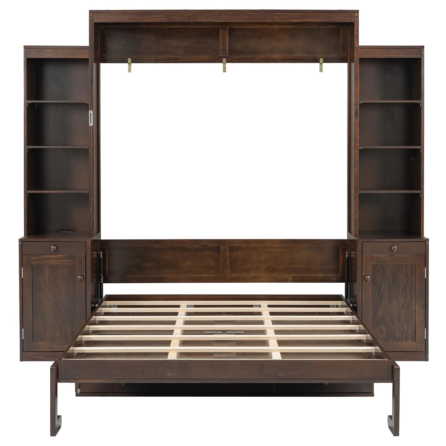 Merax Murphy Bed with Desk, Storage Cabinets and Drawers, Wood Wall Bed with Shelves, Convert to Cabinet, Space-Saving, Queen Size, Dark Brown