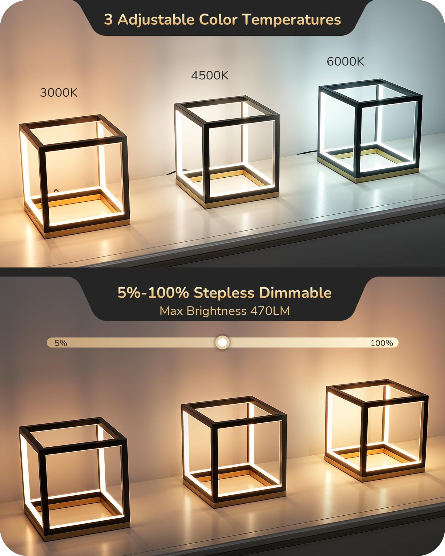 EDISHINE Modern LED Table Lamp, 3-Way Dimmable, 3000K/4500K/6000K, Black Gold, Model HLTL02VY12R