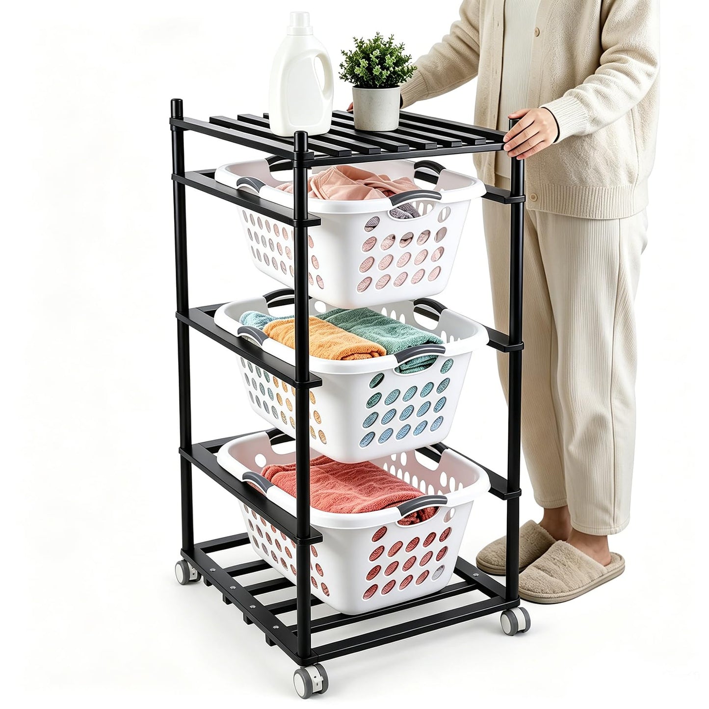 Wooden Laundry Shelf with 3 Large Laundry Baskets, Rolling Laundry Organizer with Wheels, Vertical & Horizontal Assembly, Space-Saving Storage Rack for Bathroom, Bedroom, Laundry Room (Black)