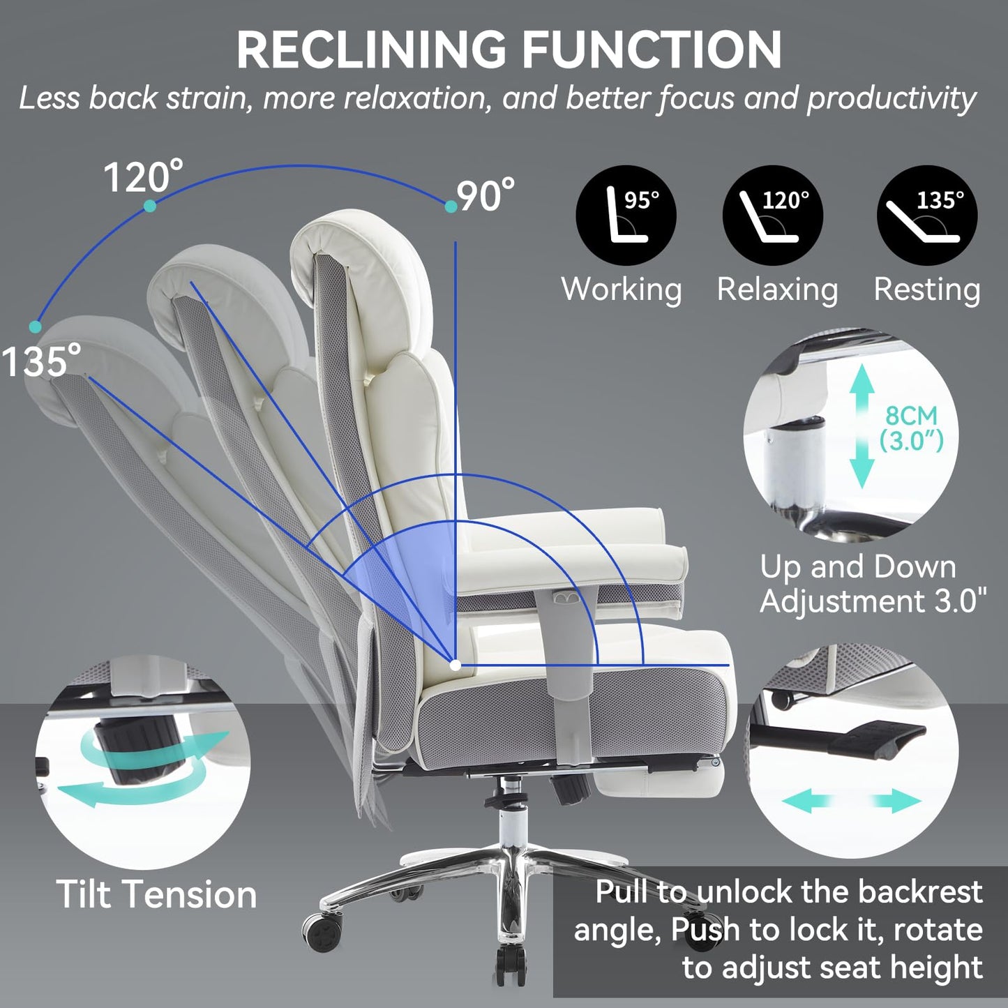 Efomao Big and Tall Office Chair with Footrest, 450lbs High Back Executive Chair with Spring Cushion, PU Leather Upholstery, Padded Armrests, Swivel Base, and Rolling Wheels – White Computer Chair