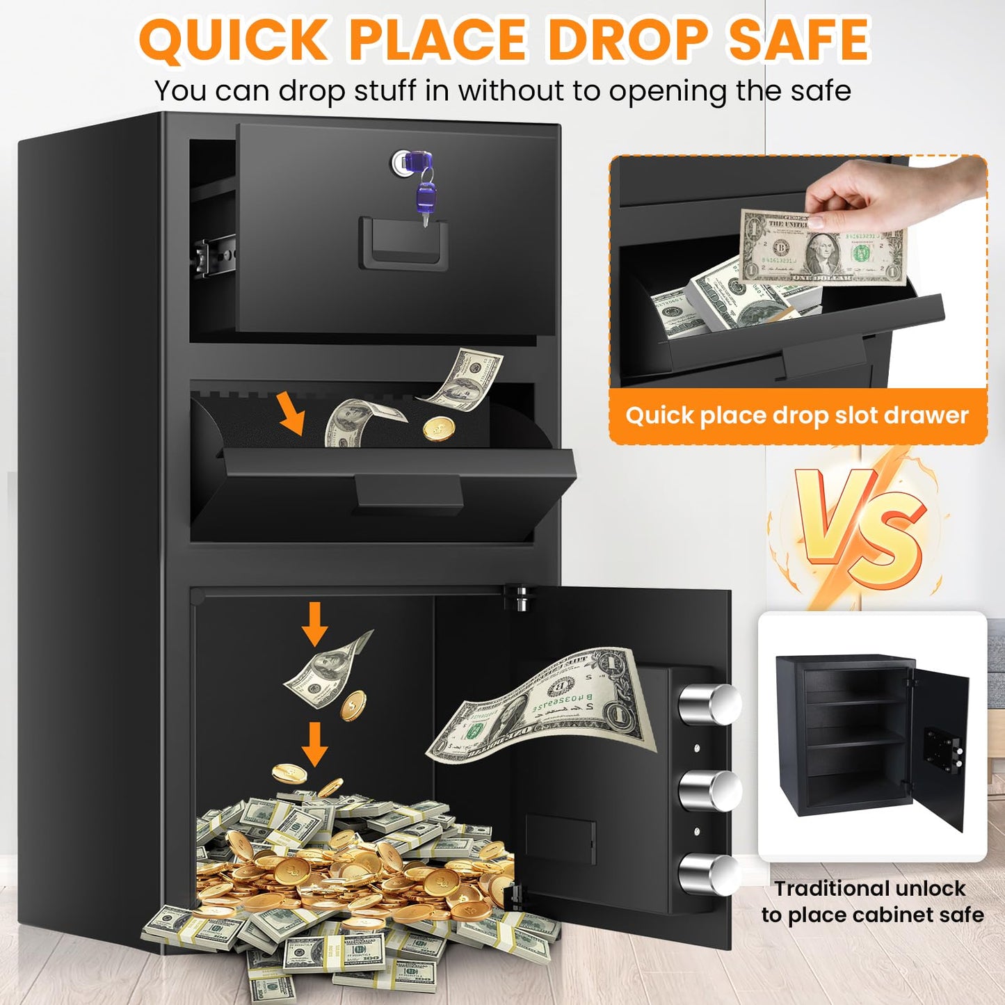 5.6 Cuft Large Drop Safe Box for Business, Anti-theft Money Safe with Quick Place Drop Slot, Digital Keypad, Spare Key, Heavy-duty Cash Depository Safes for Commercial Business Bars Retail Office Home