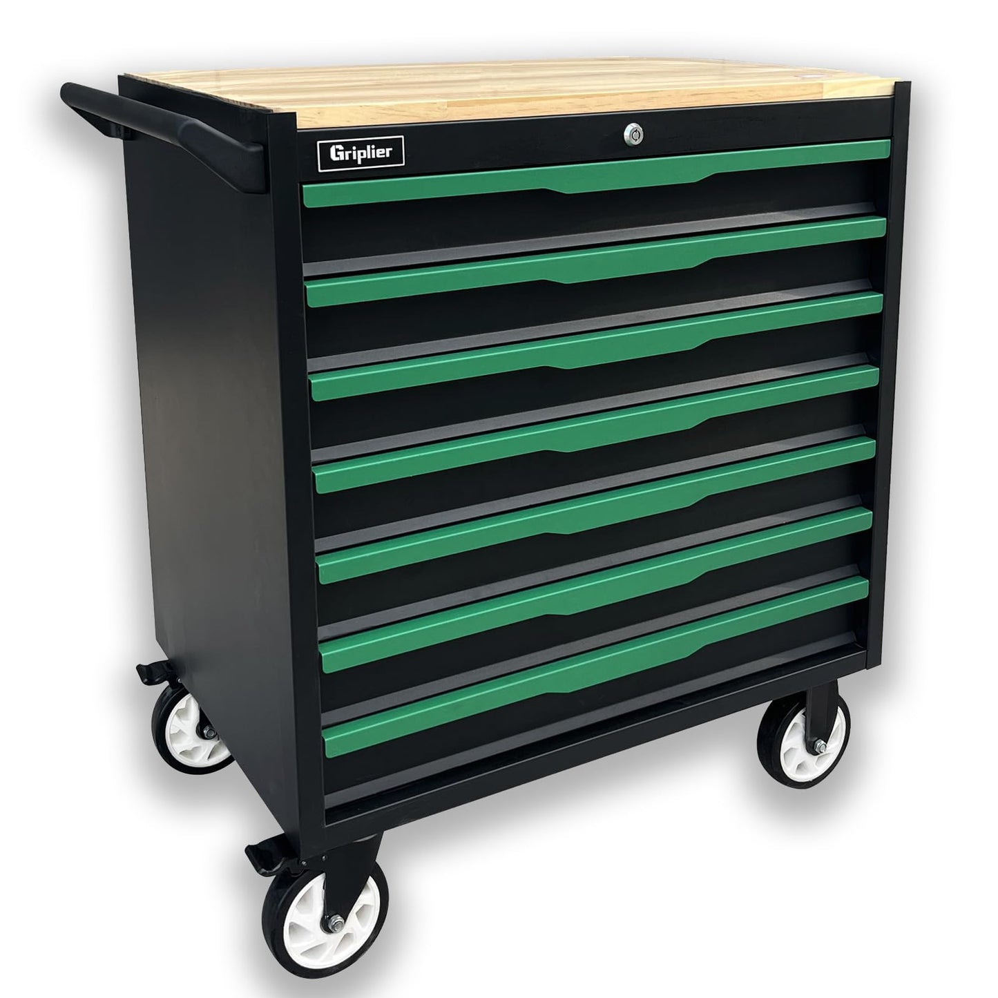 Griplier 7-Drawer Tool Chest with Wood Top, 31.3W x 18.9D x 32.3H inches, Black and Green，Locking Rolling Tool Box with Wheels,Mechanic Tool Cabinets for Garage, Warehouse,Repair Shop(7 Drawers)