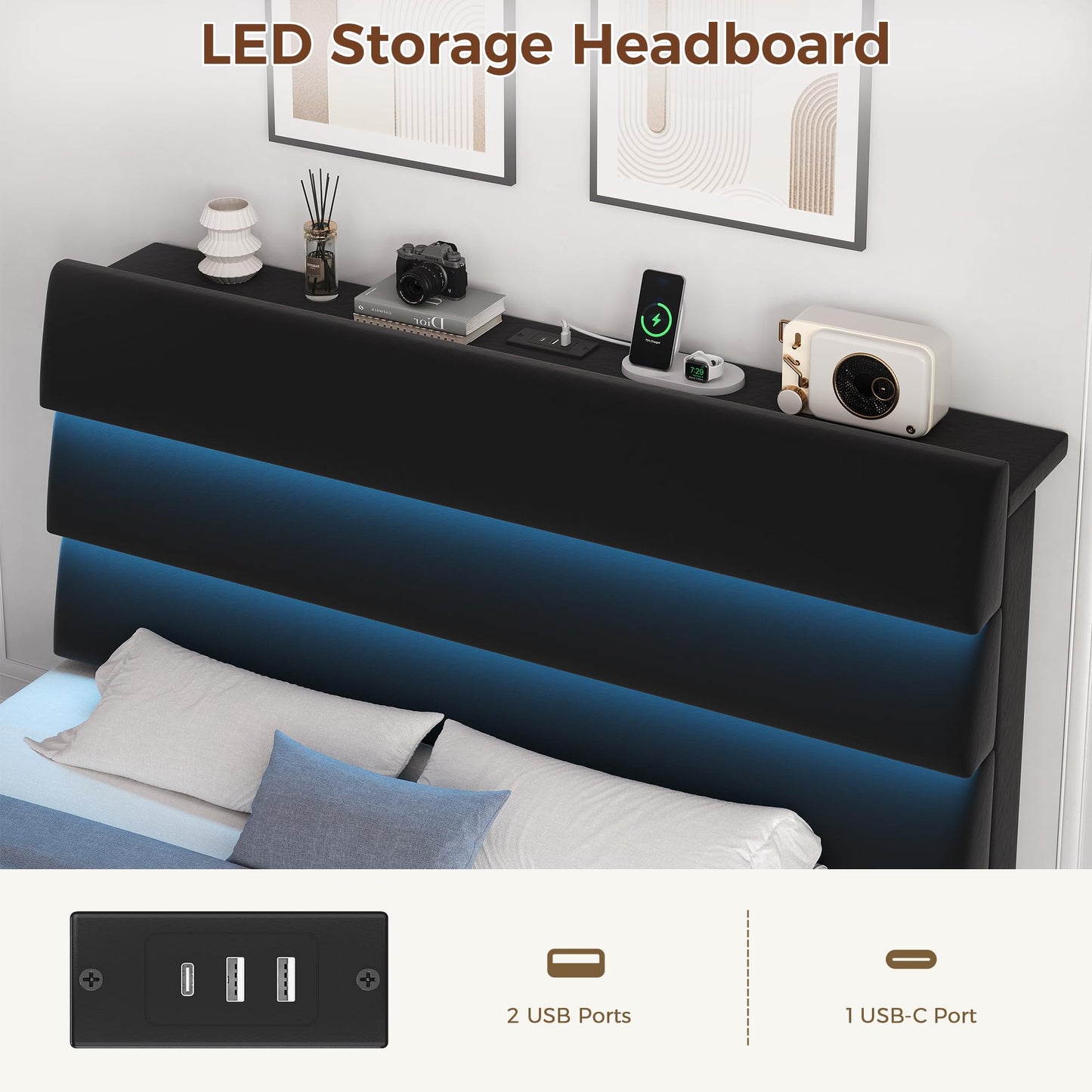 Jocoevol Full Size Bed Frame with 2 Storage Drawers and Headboard Shelf, Velvet Upholstered Platform Bed with LED Lights & Charging Station, Wooden Slats Support, No Box Spring Needed, Black
