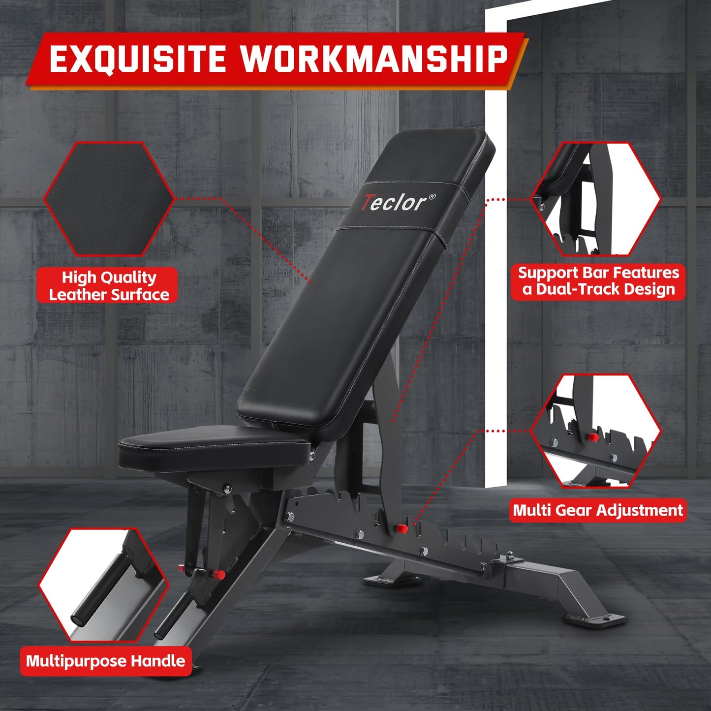Teclor Commercial Adjustable Weight Bench with 1400LB Capacity for Home Gym, Flat/Incline/Decline Bench - Bench Press 2.2" Thick Pad,Black