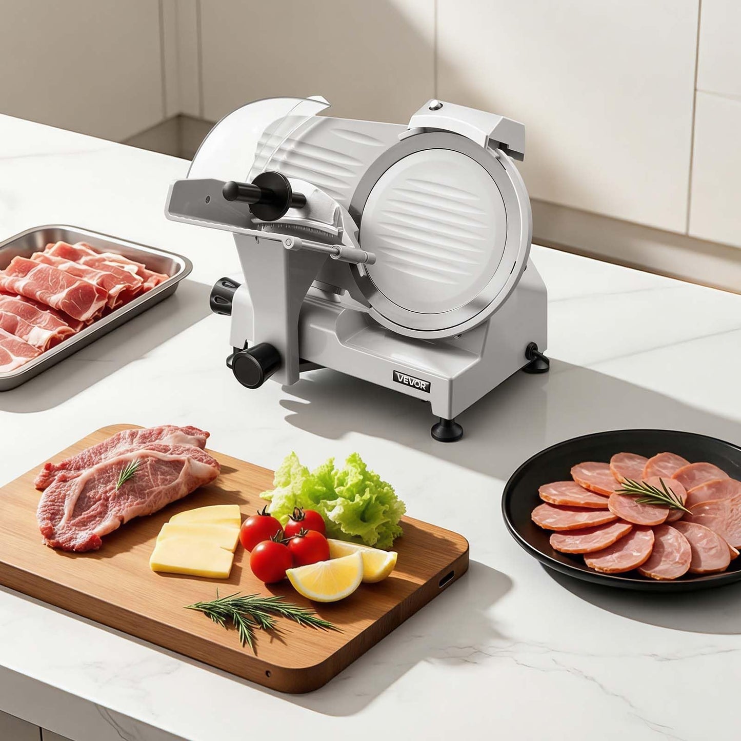 VEVOR Commercial Meat Slicer, 300W Electric Cutter, Removable 10" Carbon Steel Blade and Food Tray, 0-0.47" Adjustable Thickness Food Slicer Machine,for Frozen Meat, Ham, Baguett, Steak, ETL Approved