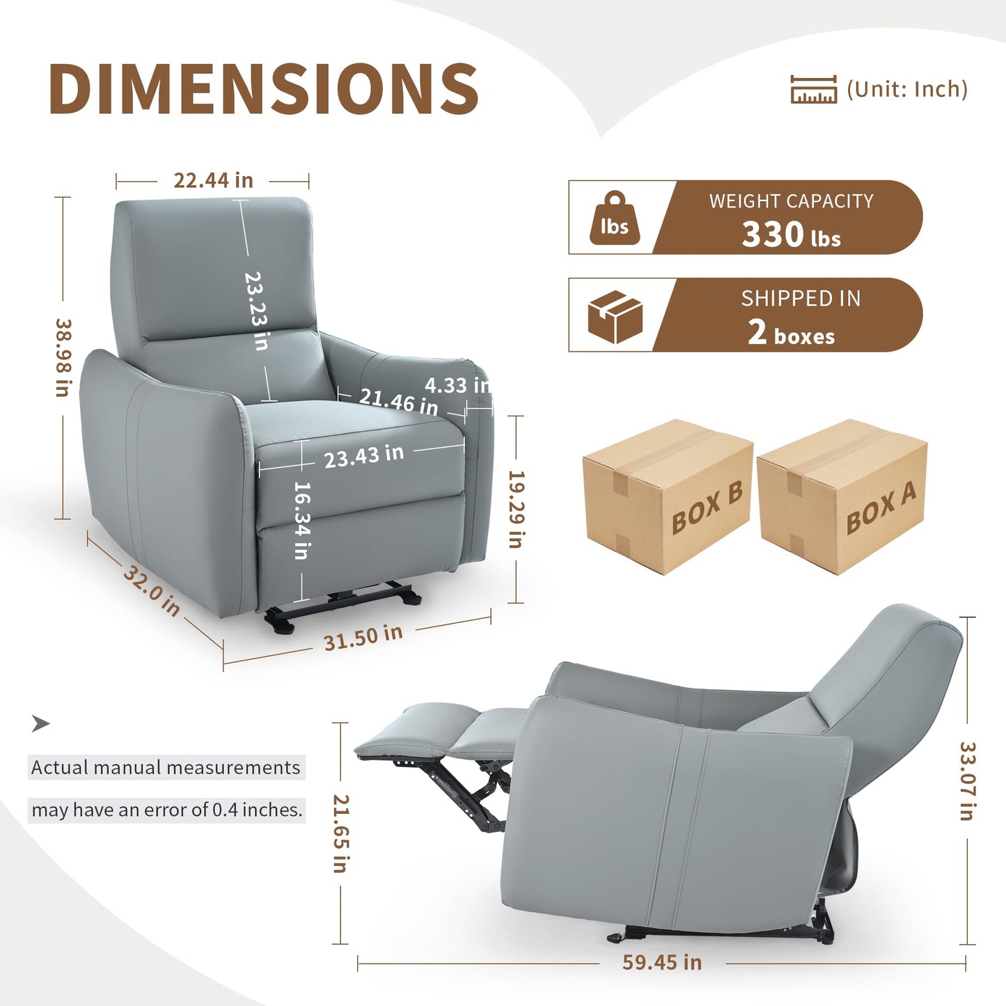 KEIKI Wall Hugger Recliner,Power Recliner Chair, Electric Recliner, Individual Seat Home Theater Recliner Chair with USB Port, Electric Glider Reclining Sofa for Bedroom, Apartment, Blue Gray