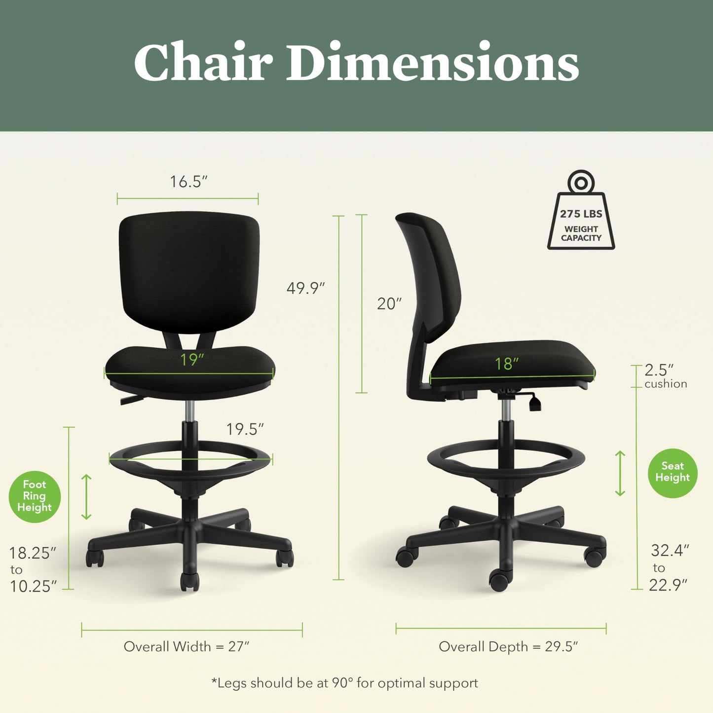 HON Volt Standing Desk Chair with Bonded Leather Seat and Back, Armless Ergonomic Task Stool with Adjustable Footring and Center‑Tilt Recline for Sit‑Stand Workstations, Black