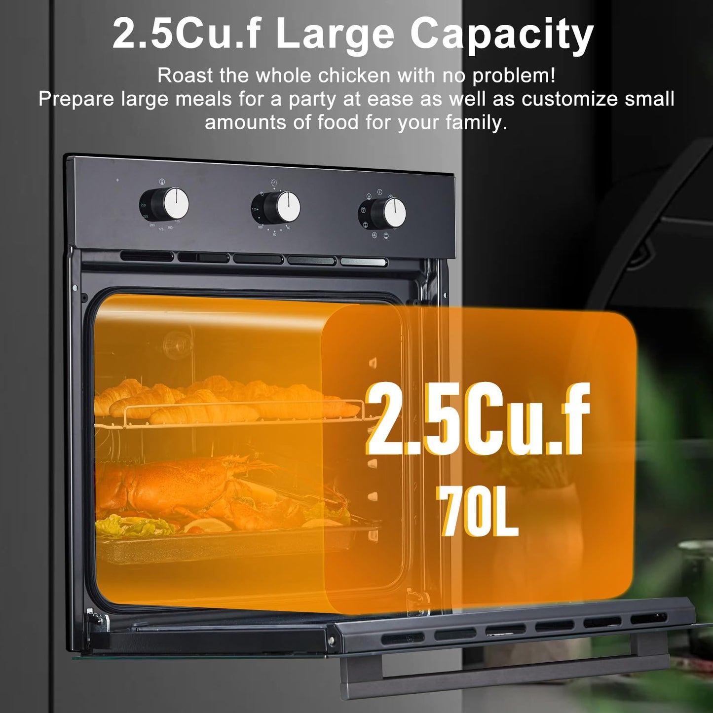 MilleLoom 24" Single Wall Oven - 2.5 Cu.Ft, 240V 3000W, Even Cooking, Versatile Functions, User-Friendly Controls, Double-Layered Glass Door, Black