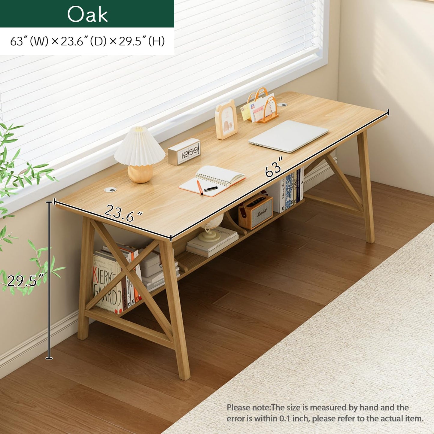 NELYE Extra Long Desk with Bookshelf - Wooden Home Office Work Study Table, 2-Person Writing Computer Workstation with Storage Shelf in Oak, 63" Wx24 Dx30 H