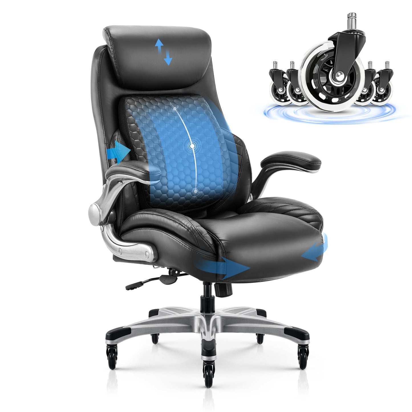 COLAMY Office Ergonomic Desk High Back Executive Chair with Pop-Out Lumbar Support, Upgraded Casters, Adjustable Headrest, Flip-Up Arms, Leather Home with Thick Cushion for Comfort - Black