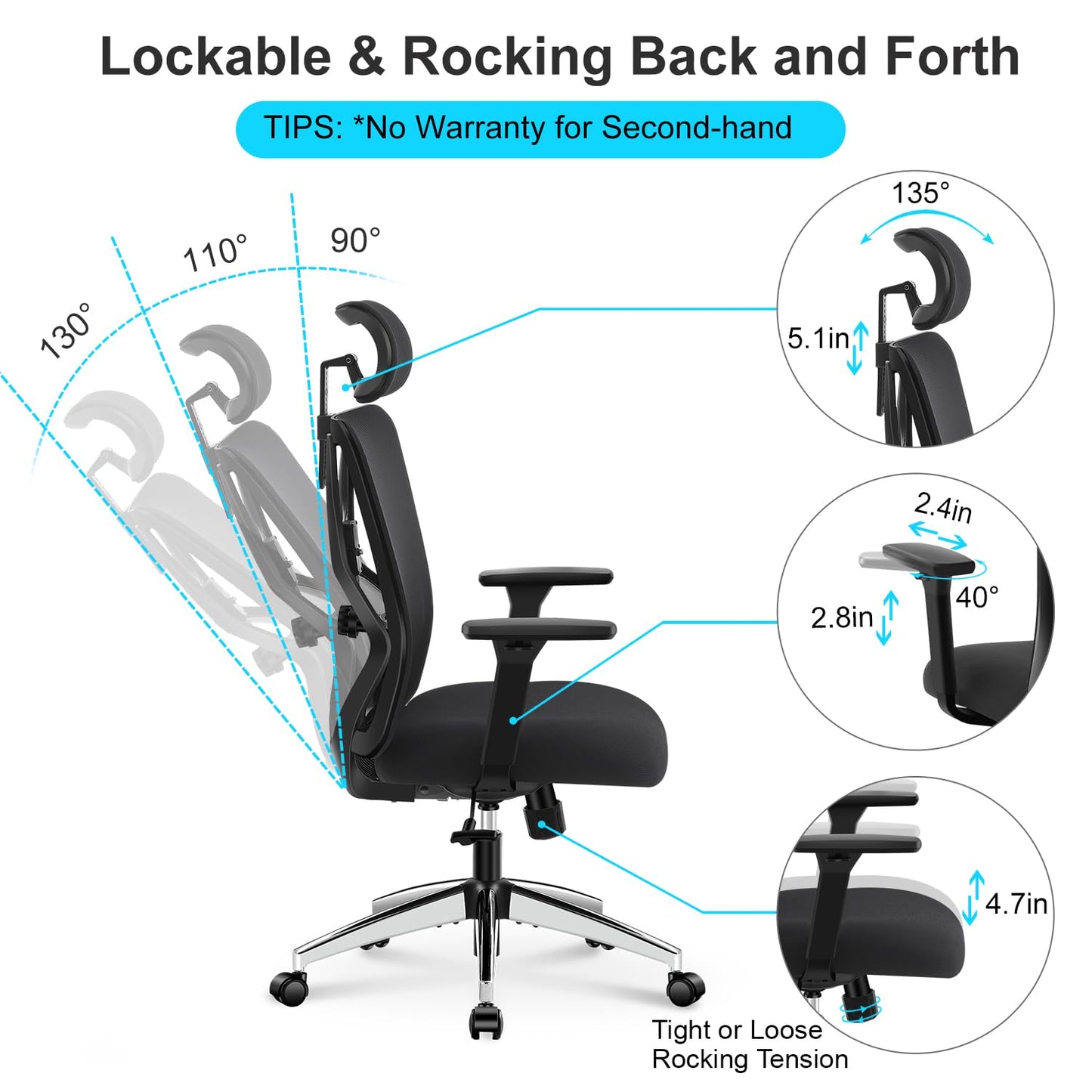 Ticova Ergonomic Office Chair - High Back Desk Chair with Adjustable Lumbar Support, Headrest & 3D Armrest