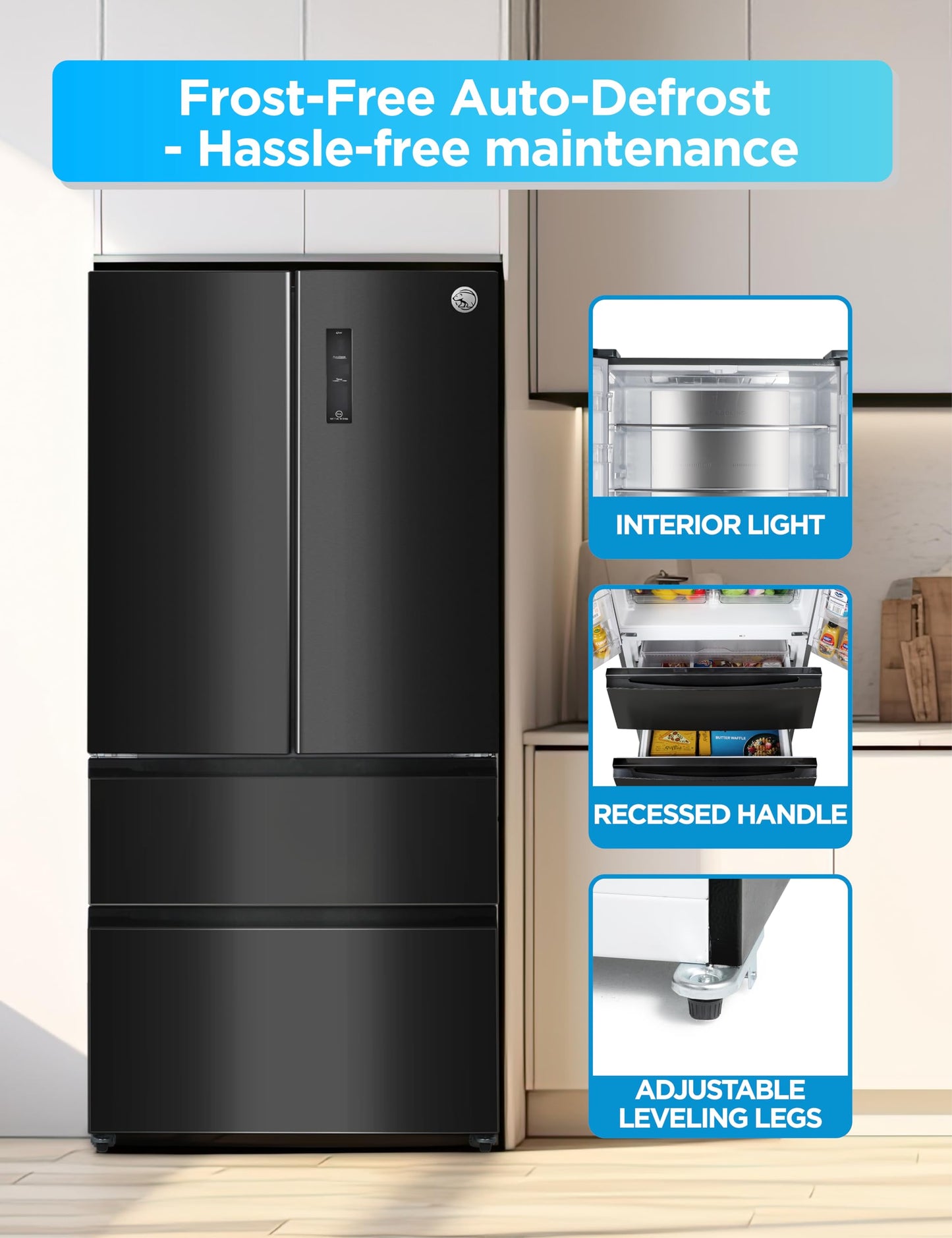 Commercial Cool 18.9 Cu. Ft. French Door Refrigerator, 33 Inch Wide Refrigerator with 2 Bottom Mount Freezer Drawers, Frost Free, LED Lighting, Digital Temperature Control, CCRF1890KB, Black