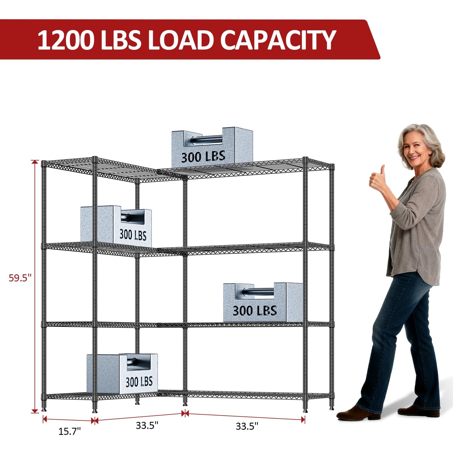 IZEUK Linked Storage Racks, DIY Adjustable Heavy Duty Metal Shelving Unit for Corner, Ideal for Kitchen, Garage, Warehouse, and Garden (Black, 4 Tiers, 15.7" D x 33.5" W x 59.5" H, 1147 lbs Capacity)