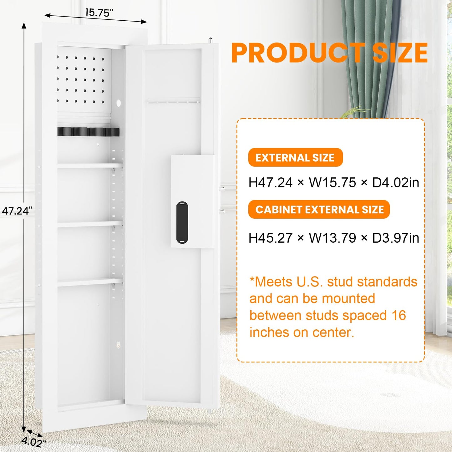 47.24" Wall Safe Between the Studs, Hidden Safe with Removable Pegboard, Wall Gun Safe with 3 Adjustable Shelves and Magnetic Slot (White-Digital)