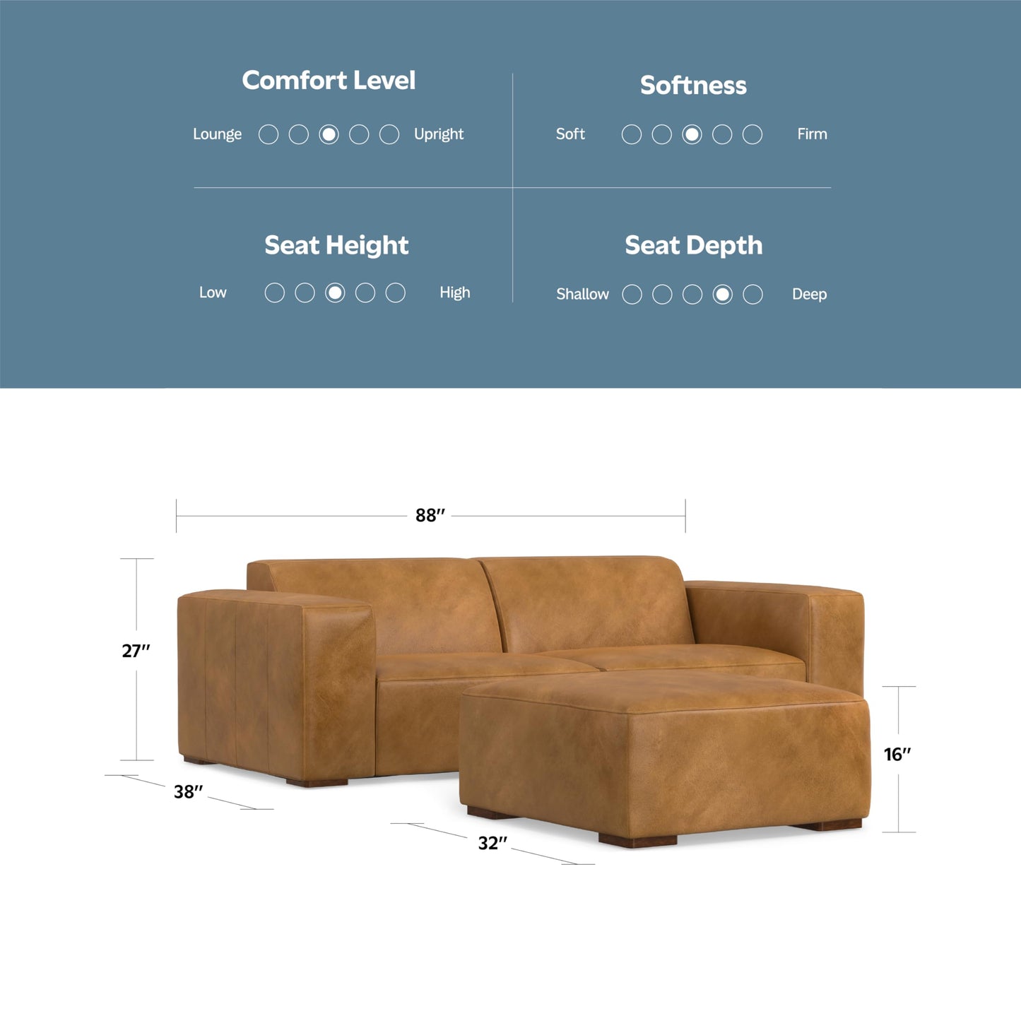 SIMPLIHOME Rex Modular Sofa and Ottoman Set in Full-Grain Genuine Leather, Sienna, 88-inch-Wide 2-Seater Leather Couch and Matching 34-inch-Wide Table Ottoman for Living Room