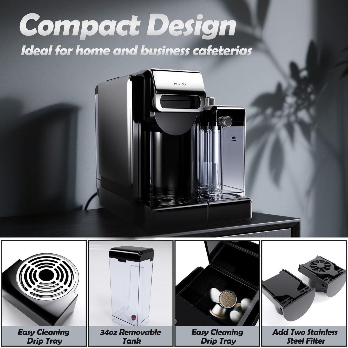 PULZO Espresso Machine with Integrated Automatic Milk Frother, capsule coffee maker for K*cup capsule/Ne*s Original/coffee powder, One Touch Latte & Cappuccino