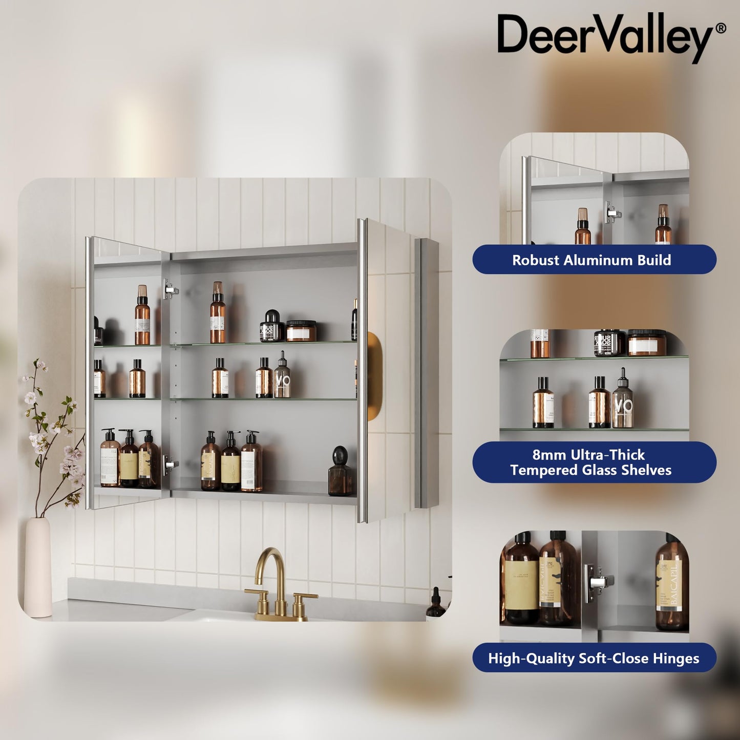 DeerValley Medicine Cabinet with Mirror, 30" W x 26" H Bathroom Mirror with Storage, Frameless Modern Wall Mount Mirrored Medicine Cabinets with Adjustable Shelf
