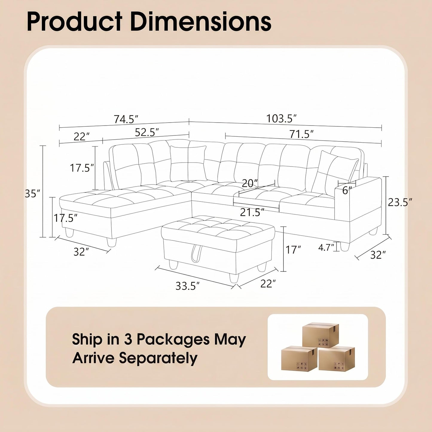 Topcomfy Leather L Shaped Sectional Couches for Living Room - 97.5“ x 66.5" Modular Sectional Sofa with Storage Ottoman, 4 Seat Home Sofa Living Room Furniture Sets with Chaise for Apartment, White
