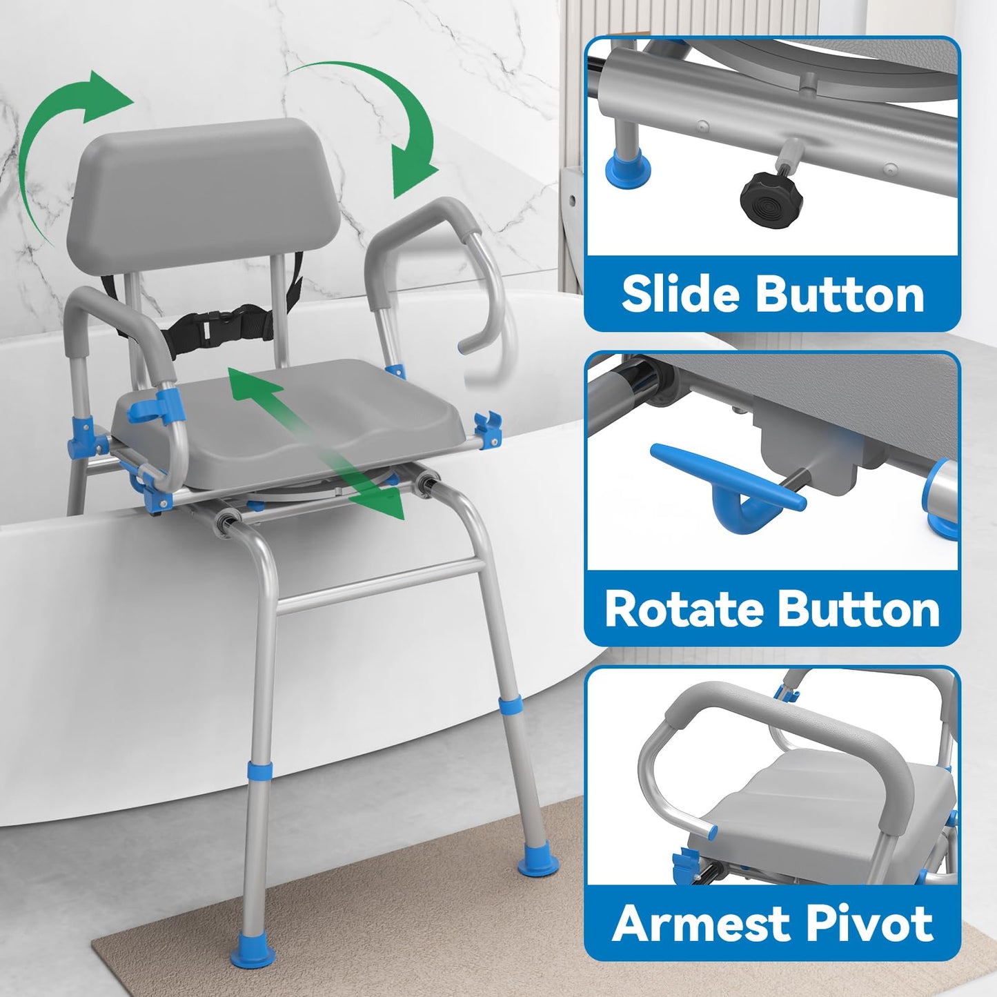 FSA/HSA Eligible Sliding Shower Chair Tub Transfer Bench for Bathtub with Swivel Seat, Padded Shower Bench with Pivoting Arms, Height Adjustable Shower Seat, 350 lbs, Gray, Standard