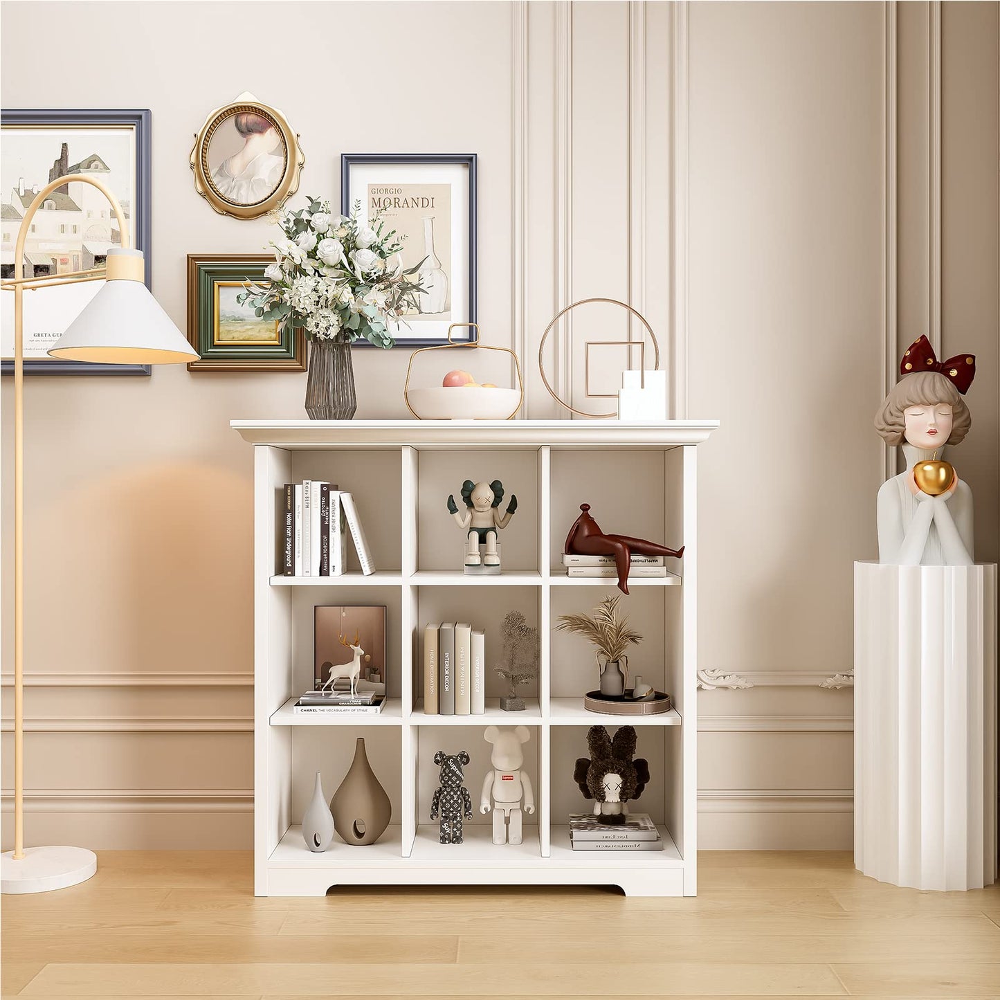 OSCHF Wooden Cube Shelf Bookcase - Modern 3 Tiers Floorstanding Open Bookshelf with Base for Home and Office, 9 Cubes Storage Cabinet, Warm White
