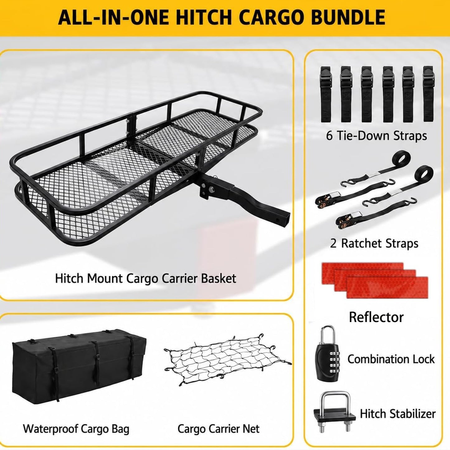 Hitch Cargo Carrier with Waterproof Bag, 60" x 20" x 6" Trailer Hitch Cargo Basket, 500 lbs Capacity Rear Luggage Rack with Cargo Net & Ratchet Straps, Fits 2" Hitch Receiver for SUV, Truck, Pickup