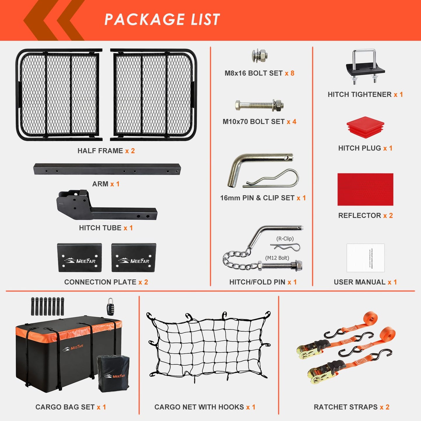 Hitch Mount Cargo Carrier Basket 60"*25"*6"+Waterproof Bag 25 Cubic Feet(60"*24"*31"),and Cargo Net with Attachment Hooks,Ratchet Straps,Hitch Stabilizer.500 Lbs Capacity,Foldable,fit 2" Receiver