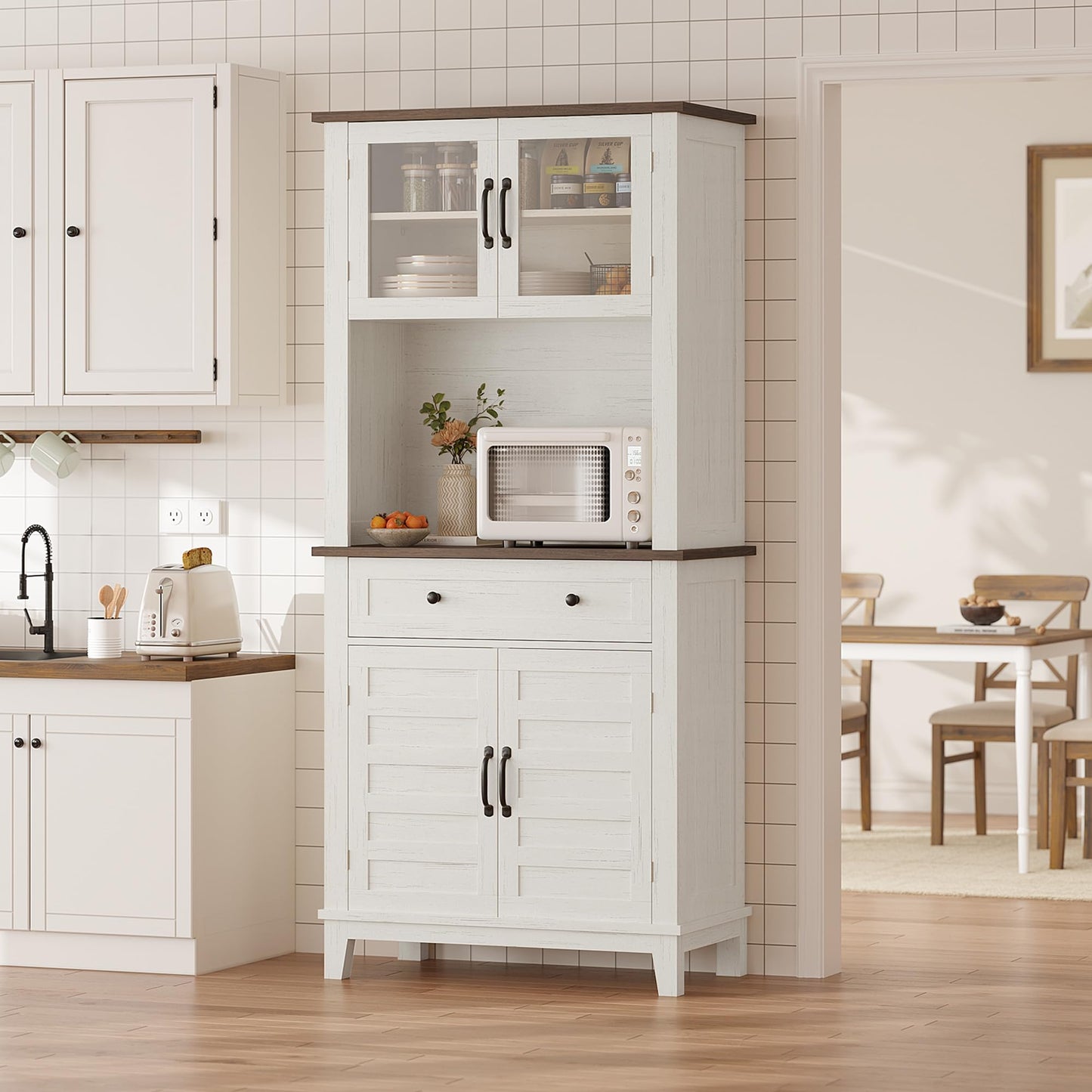 IDEALHOUSE Farmhouse Coffee Bar Cabinet with 2 Glass Doors, 72'' Pantry Storage Cabinet with Drawer, Microwave Stand with Metal Handle, Coffee Bar with Storage for Living Room, Light White