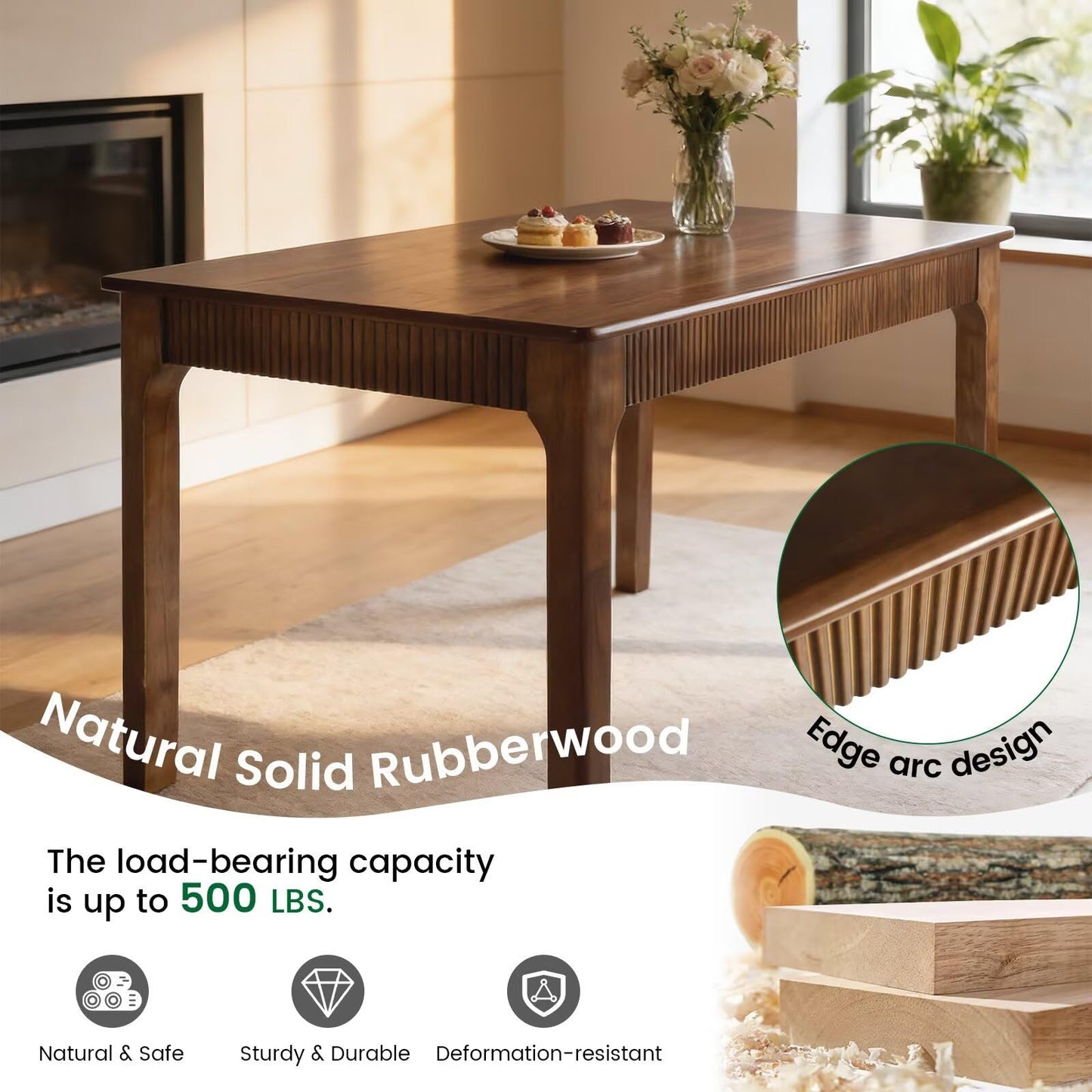 55" Solid Wood Dining Room Table for 4-6,Modern Farmhouse Rectangular Kitchen Real Wooden Table,Mid Century Fluted Design Large Furniture Desk for Home,Apartment,Living Room Walnut