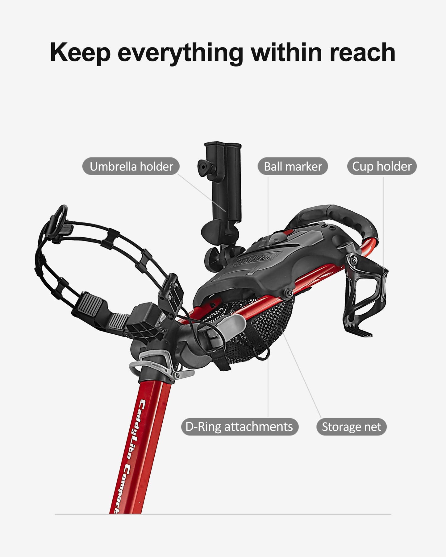 Caddytek CaddyLite Compact Golf Push Cart - Lightweight Aluminum 3-Wheel Foldable Golf Bag Cart with Quad-Fold System, EVA Wheels, Adjustable Handle, Brake, Mesh Net, Umbrella & Drink Holder