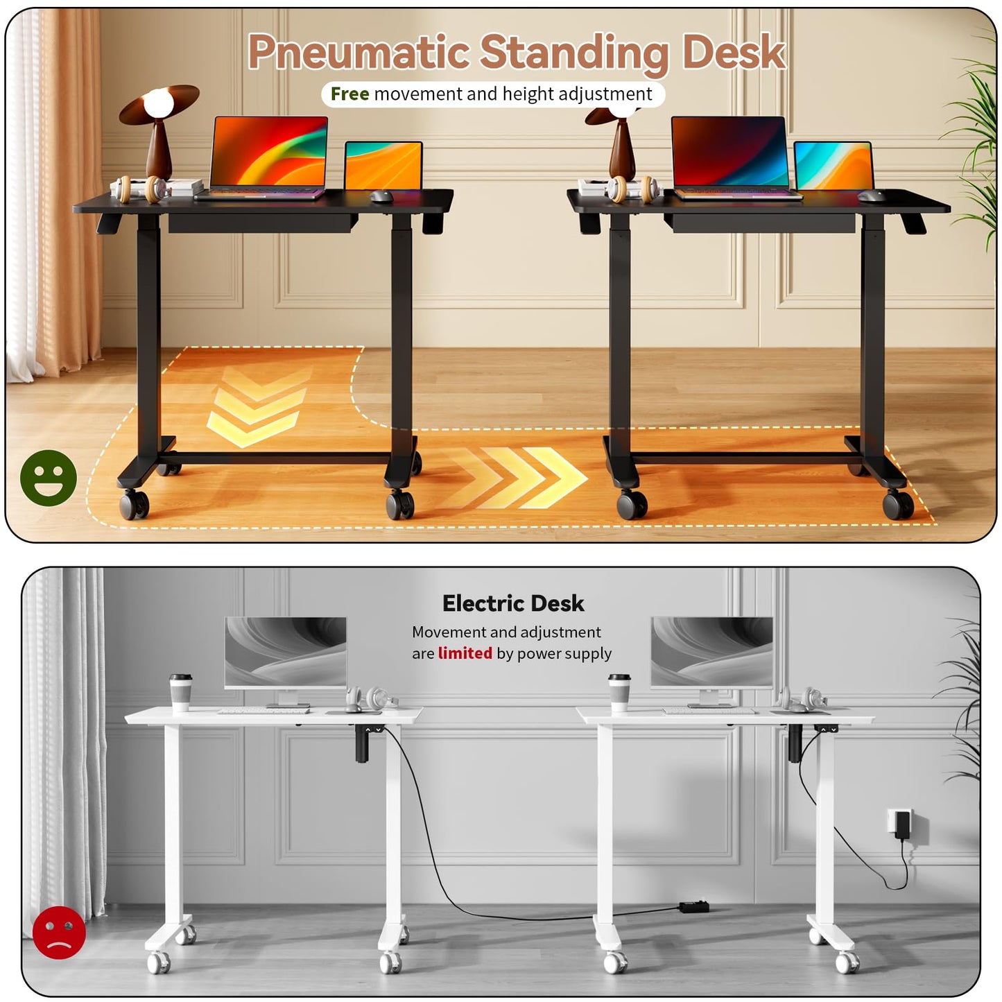 Liftsync Mobile Standing Desk, 35inch Small Rolling Table with Drawer, Height Adjustable Sit Stand Workstation, Black Portable Laptop Cart with Hidden Wheels or Lockable Casters