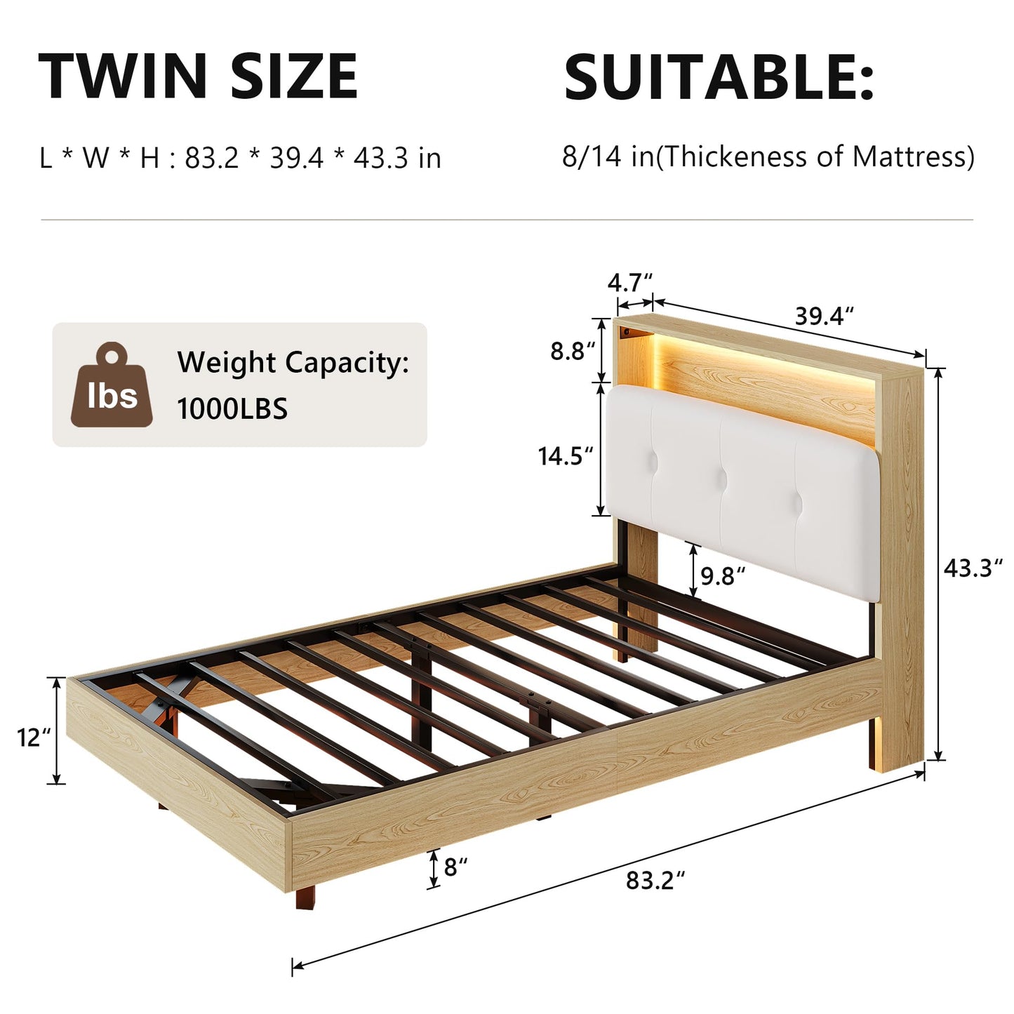 Einhomn Floating Bed Frame Twin with 2-Tier Storage Velvet Fabric Upholstered Headboard, Wooden Platform Bed Frame w/Charging Station & LED Lights, Metal Slats Support, No Box Spring Needed, Natural