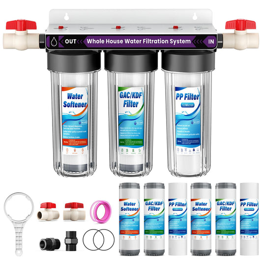 Whole House Water Filter System, 3-Stage Whole Home Water Softener System Highly Reduces Taste,Iron,Scale,Lead,Chlorine, with Heavy Metal and Anti-Scale Filter,3/4" Ports, Extra 1 Year Filter