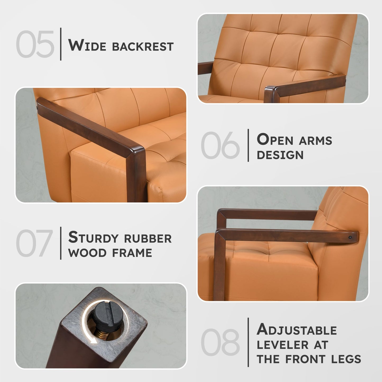 Lexicon Modern Accent Chair, Luxury Genuine Leather Match Living Room Chair with Tufted Cushions, Solid Wood Frame and Arm Rest, Comfy Upholstered Single Seat for Bedroom/Reading/Office, Orange