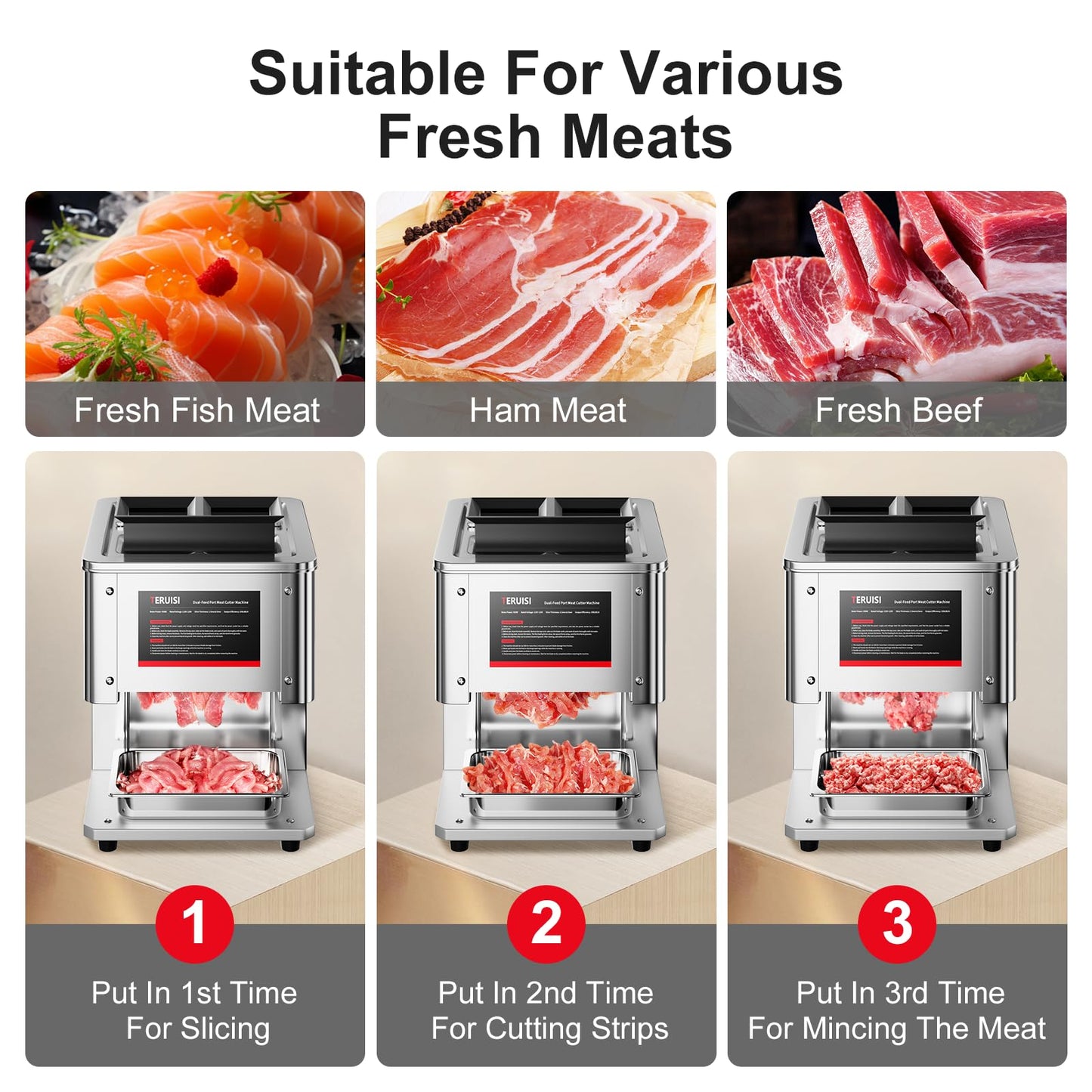 TERUISI Commercial Meat Cutter Machine, 950W Dual-Port Electric Meat Cutter 3.5mm&5mm Slicing Output 450 LBS/H, Meat Slicer with Removable Blade for Boneless Beef Chicken Soft Vegetables