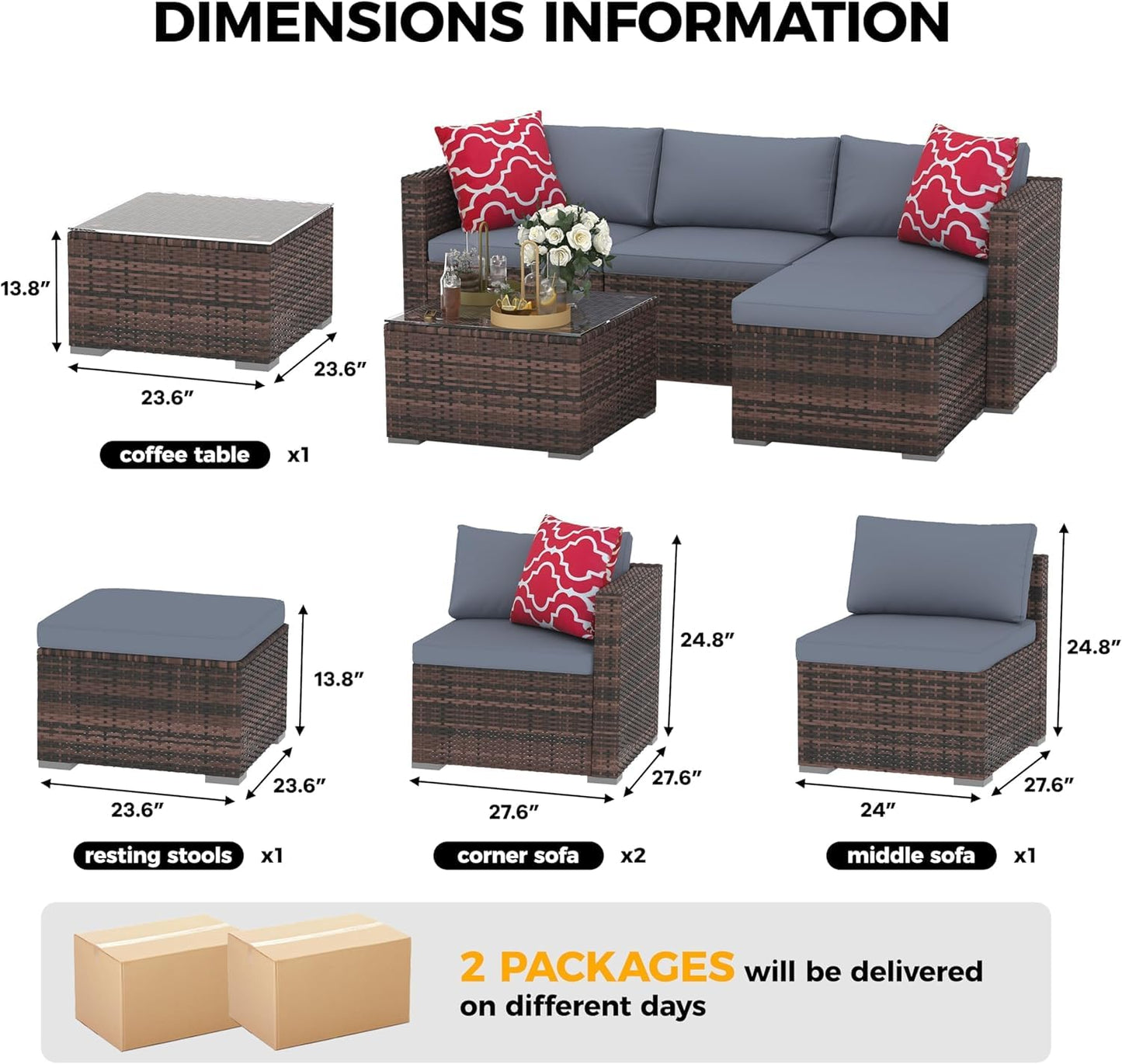 5-Piece Outdoor PE Wicker Patio Furniture Set, Water-Resistant Sectional Sofa With Plush Cushions, Tempered Glass Coffee Table & Ottoman, All-Weather Garden Conversation Set for Porch, Backyard, Grey