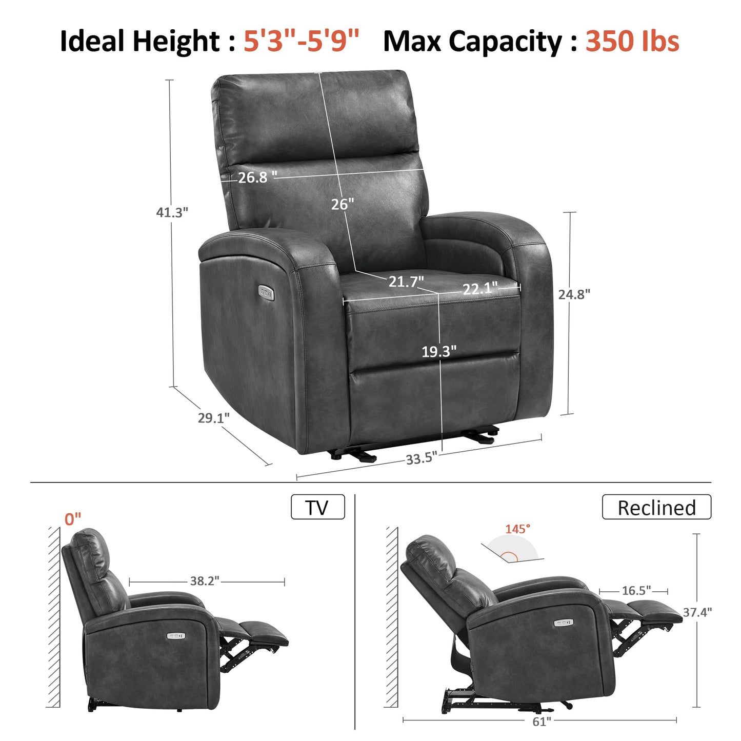 MCombo Zero Wall Recliner Chair, Power Wall Hugger Recliner with USB & Type-C Dual Charge Ports for Small Space, Living Room, RV PR644 (Dark Grey)