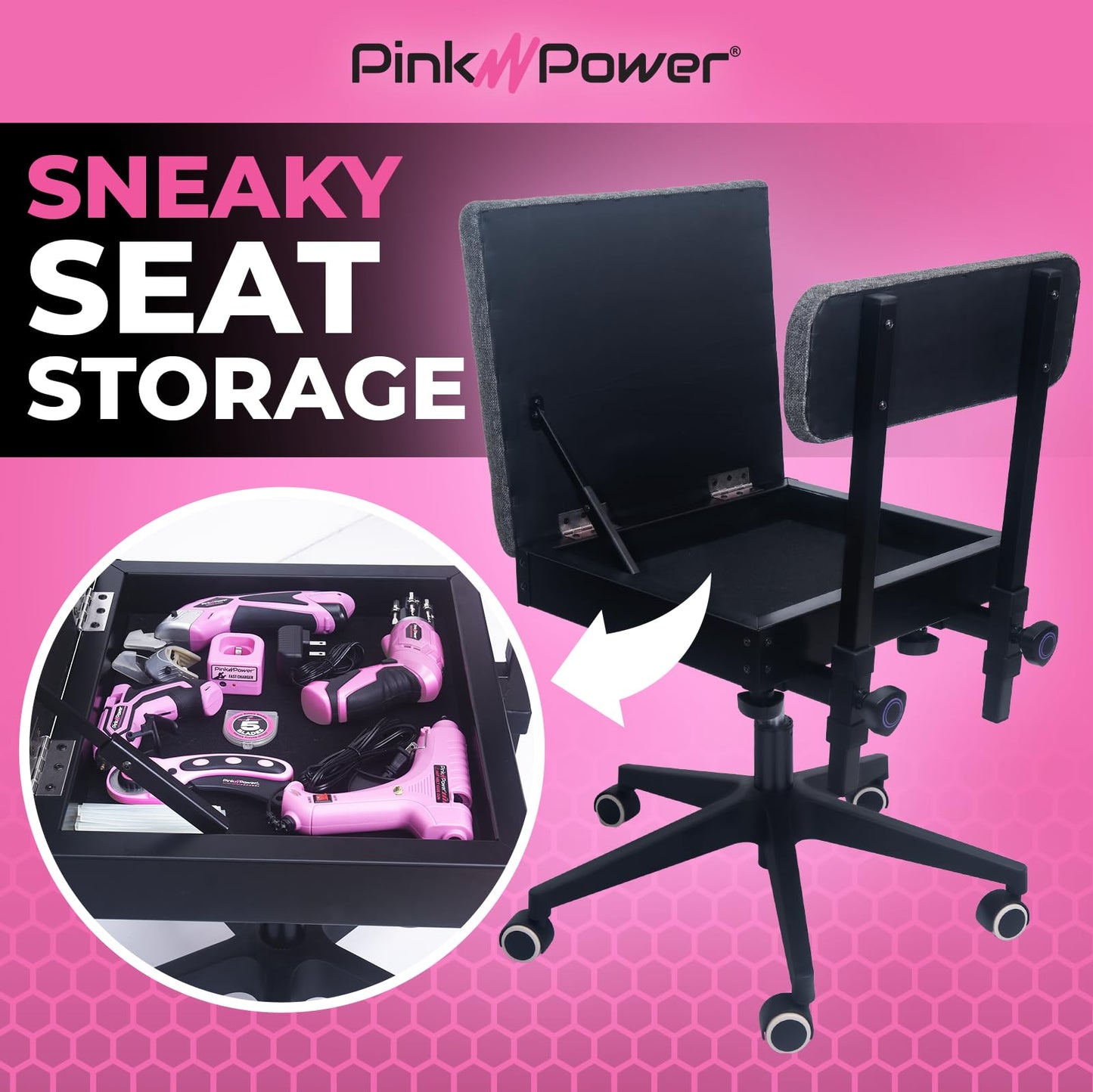Pink Power Sewing Chair with Wheels and Adjustable Back Support - Hydraulic Armless Machine Chair for Crafting, Quilting, Artists - Sewing Room Furniture - Ergonomically Designed Professional