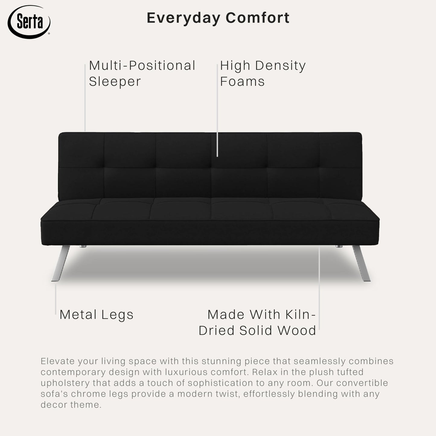 Serta® Rane Futon Sofa Bed 66.1", 3-in-1 Convertible Couch Sleeper for Small Spaces, Tufted Back, Twin Size Guest Bed, Black Woven Fabric