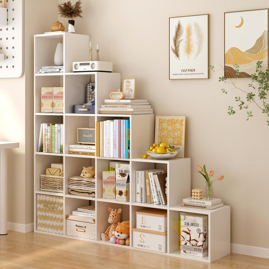 OSCHF Ladder Cube Storage Bookcase - Wooden L-Shaped 5-Tier Corner Shelf, Reversible 15-Cube Organizer for Home & Office, White