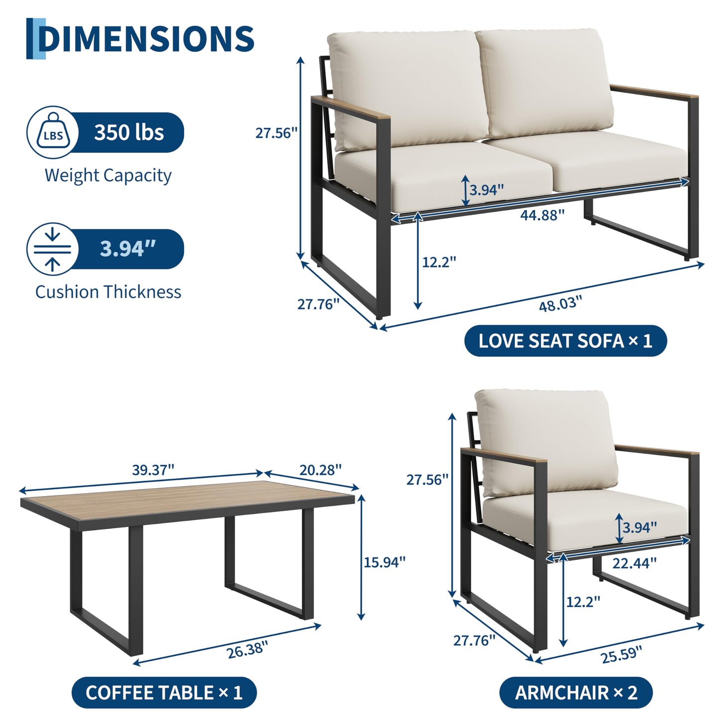 GarveeTech 4-Piece Aluminum Outdoor Sectional Sofa Set with Coffee Table, Patio Furniture Conversation Set for Porch, Poolside & Deck, Washable Thick Cushions (Beige)