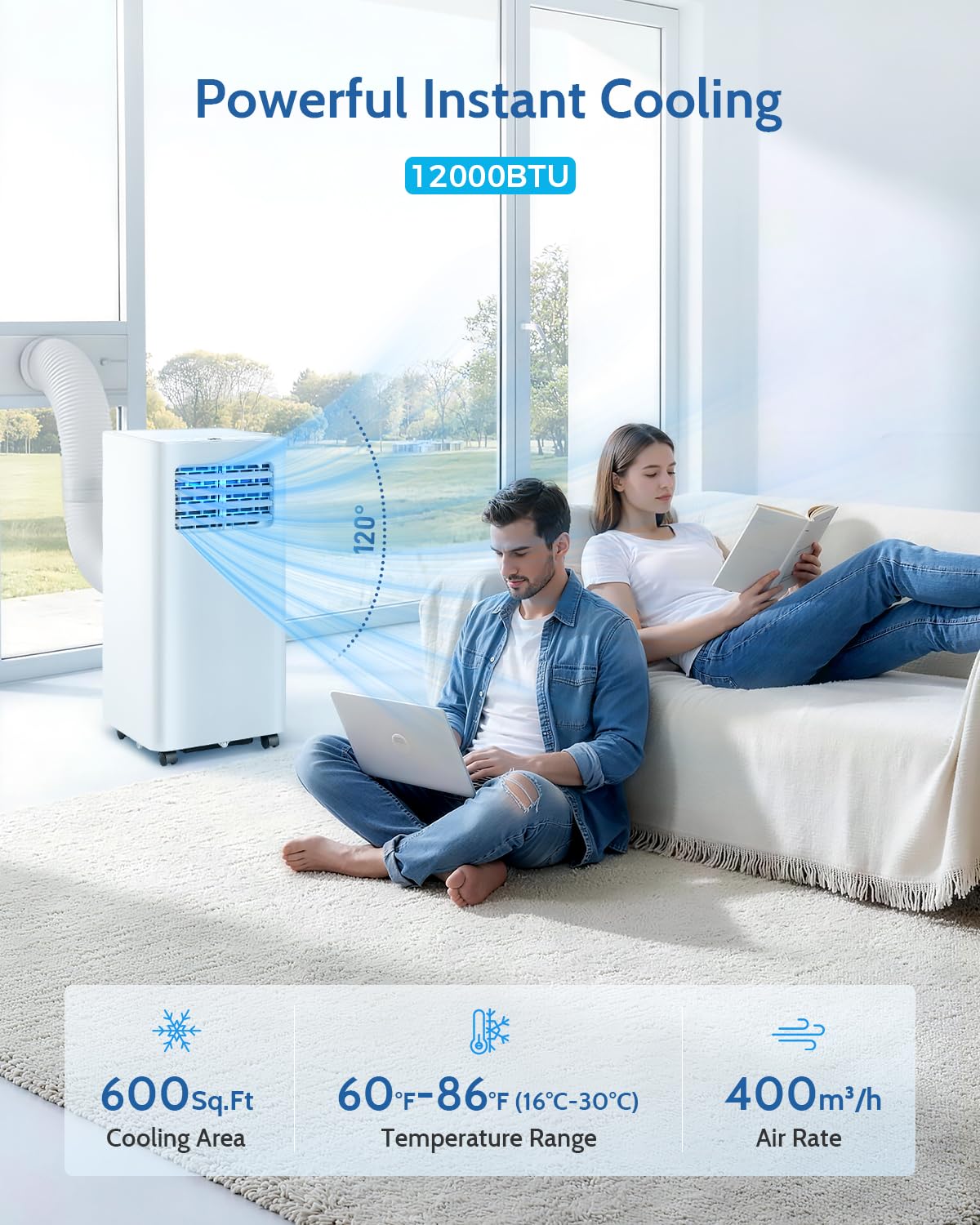 Feelfunn 12,000 BTU Portable Air Conditioners - 3-in-1 Portable AC Unit Cools Up to 600 Sq.Ft., with App/Wifi/Remote Control, Dehumidifier & Fan Modes, Window Mounting Kit, Ideal for Bedroom, Dorms