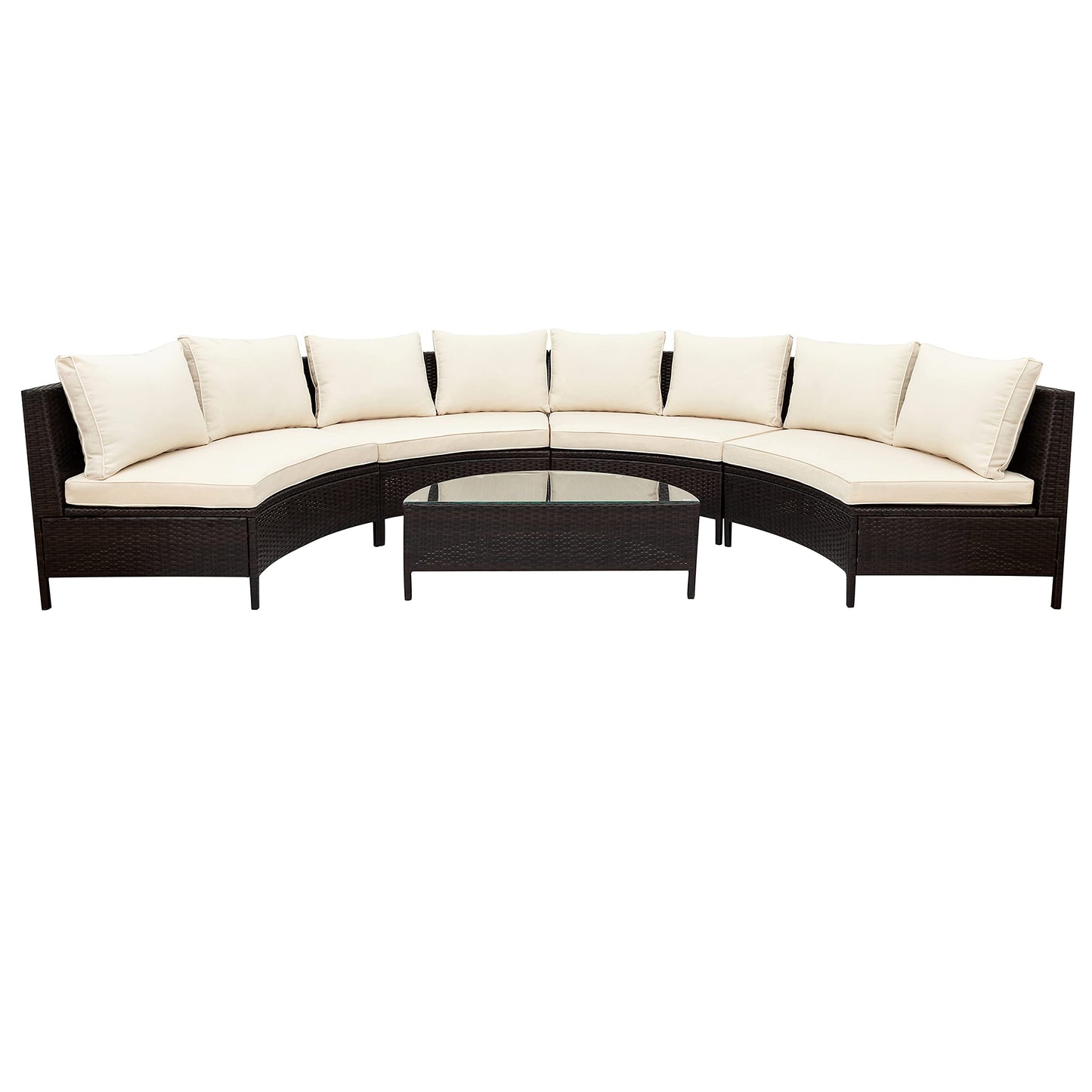 GDFStudio Marlen Patio 5-Piece Conversation Set, Outdoor Half Moon Sectional Sofa Set with Tempered Glass Coffee Table and Removable Cushions, All Weather PE Wicker Modular Sectional Sofa Set, Beige