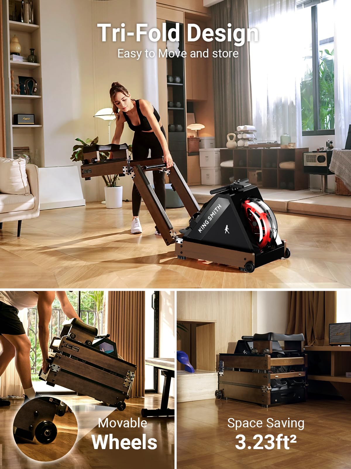 KINGSMITH Water Rowing Machines for Home, WR20 Foldable Row Machine, 331LB Weight Capacity, Water Rower Machine with LCD Monitor, App Supported and Comfortable Seat for Folding Water Rowers, Walnut
