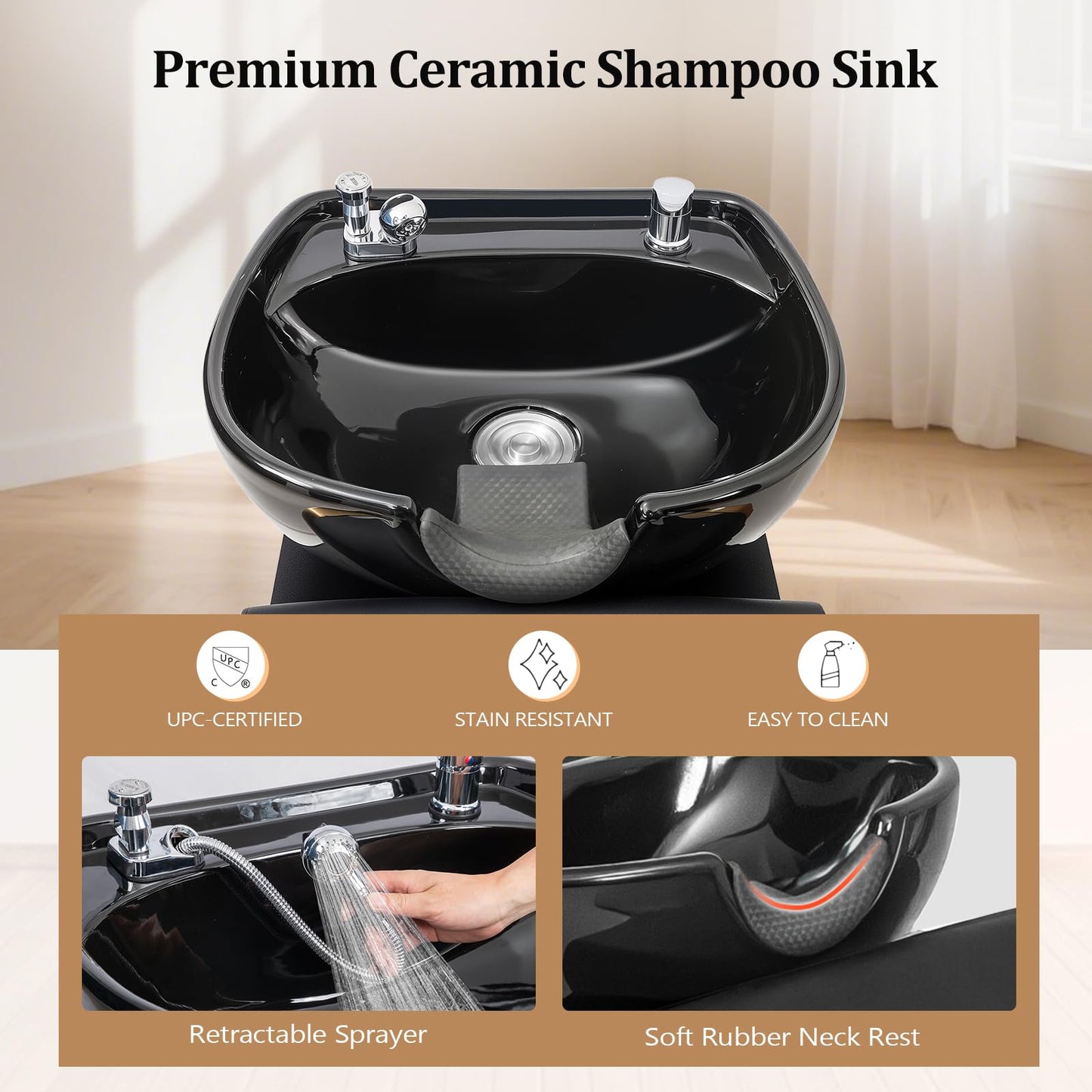 OmySalon Shampoo Chairs for Salon, Stainless Steel Frame & UPC Certified Shampoo Bowl & Footrest, Hair Washing Station, Backwash Unit for Beauty Spa Barbershop, Black and Gold