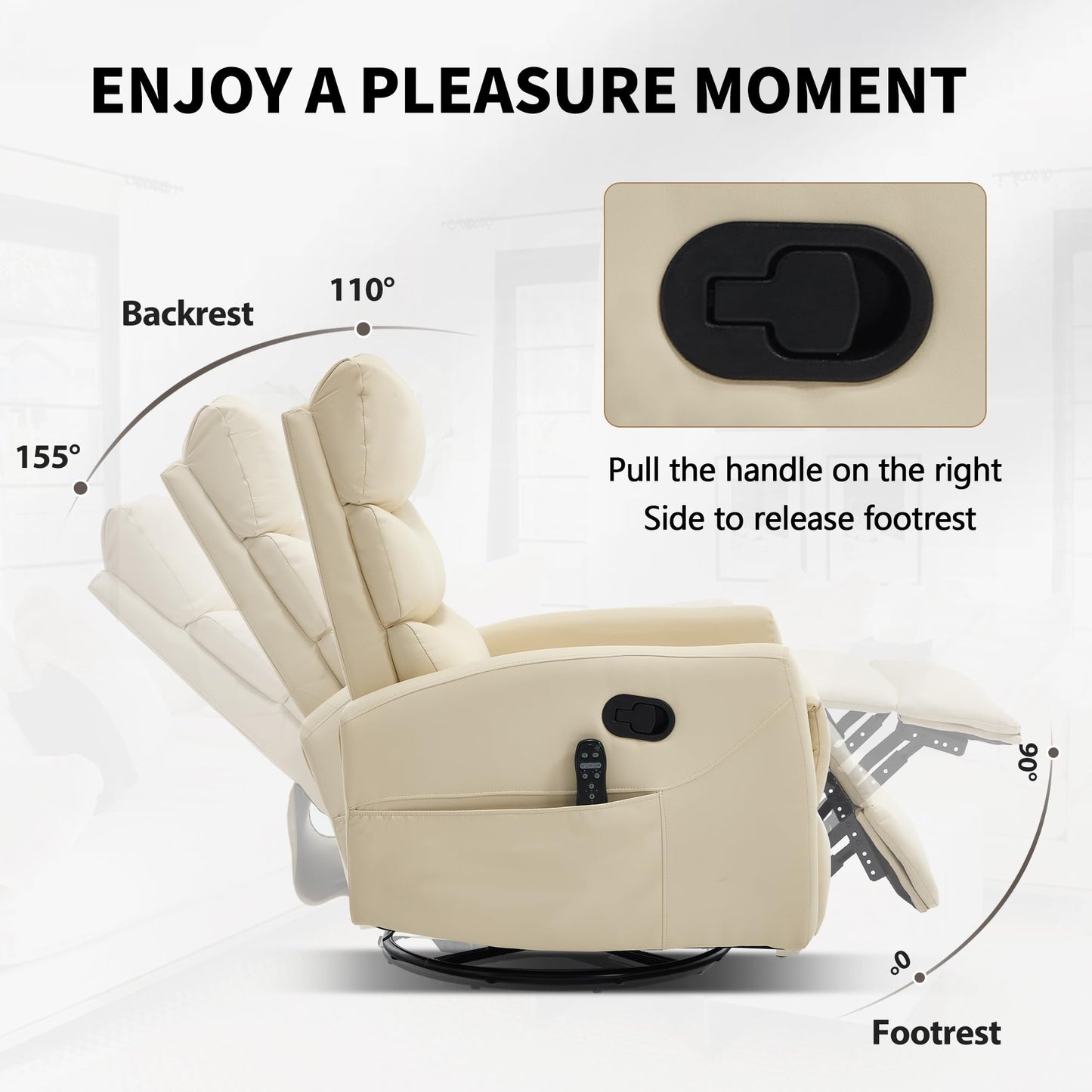 KEIKI 4-in-1 Manual Swivel Rocker Recliner Chair for Home Living Room, Faux Leather Chair with Back Massager & Heat, Home Theater Seating with Lumbar Support, Recliner Office Chairs for Adults, Beige