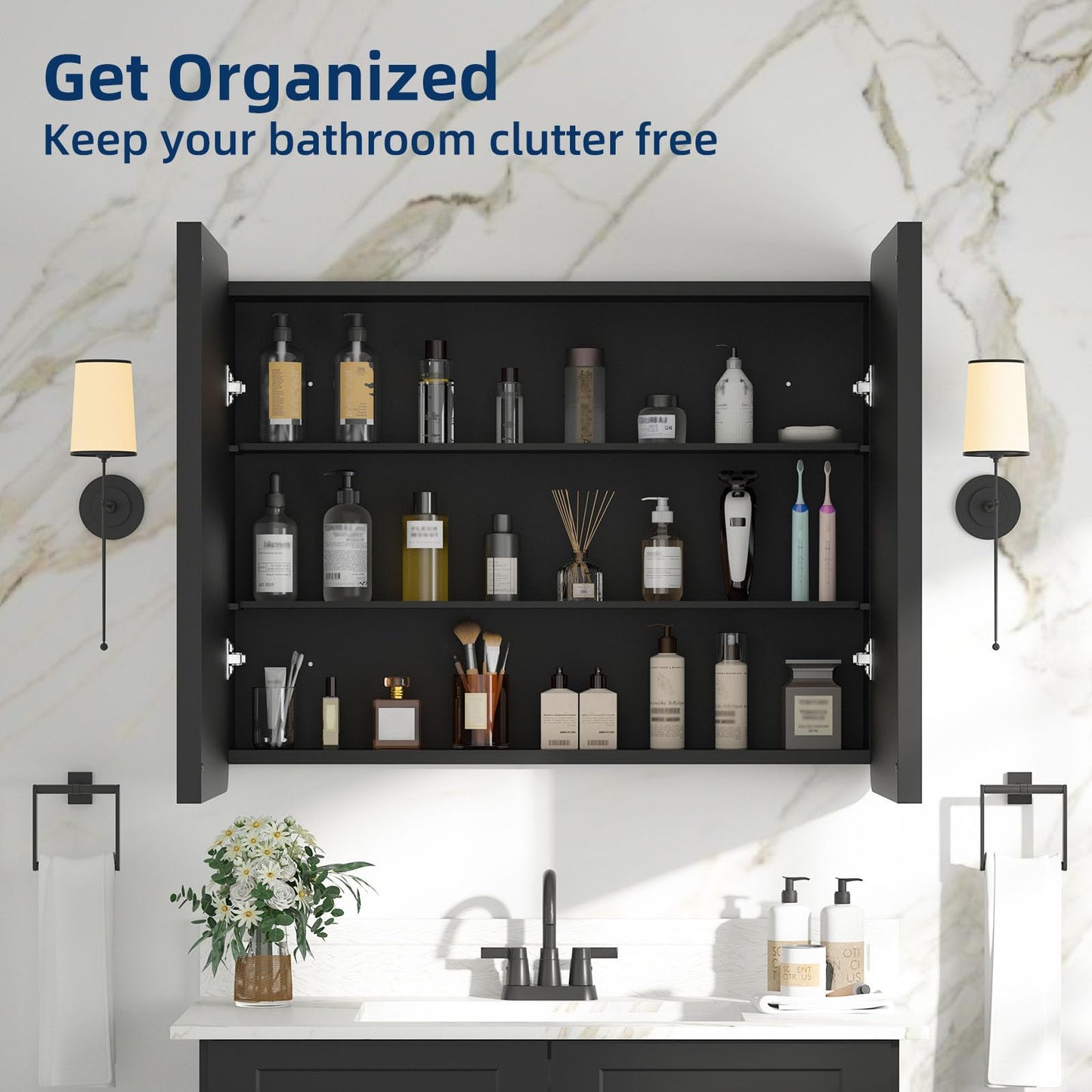 YTSMIR Bathroom Medicine Cabinet with Mirror 24 x 30 Inch, Black Medicine Cabinet Recessed or Surface Wall-Mounted, Mirrored Cabinets with Sturdy Metal Adjustable Shelves for Bathroom Vanity