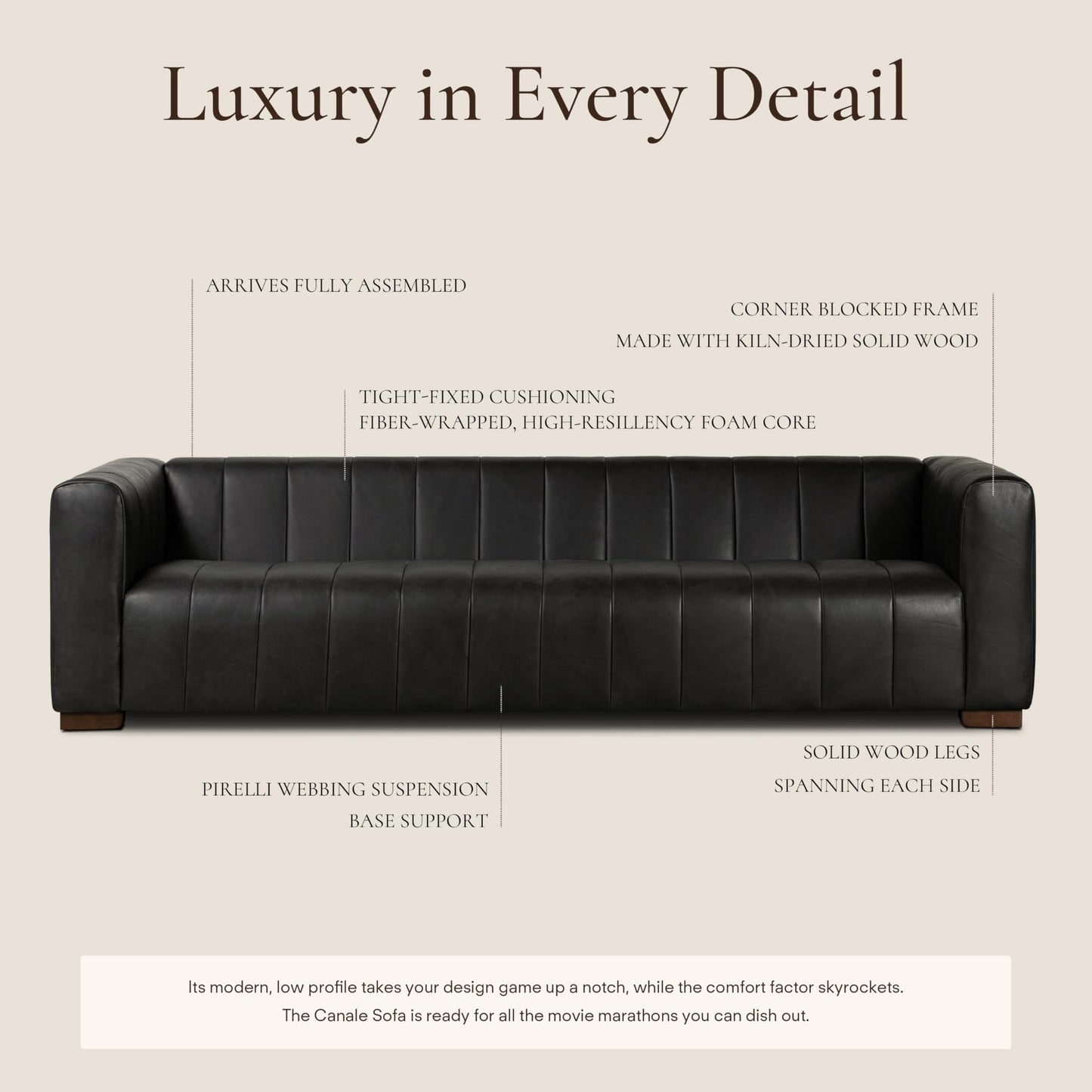 POLY & BARK Canale 99" Sofa in Onyx Black – Modern Living Room Couch with Deep Seating, Plush Cushions, Premium Upholstery, Contemporary Design, and Solid Wood Frame