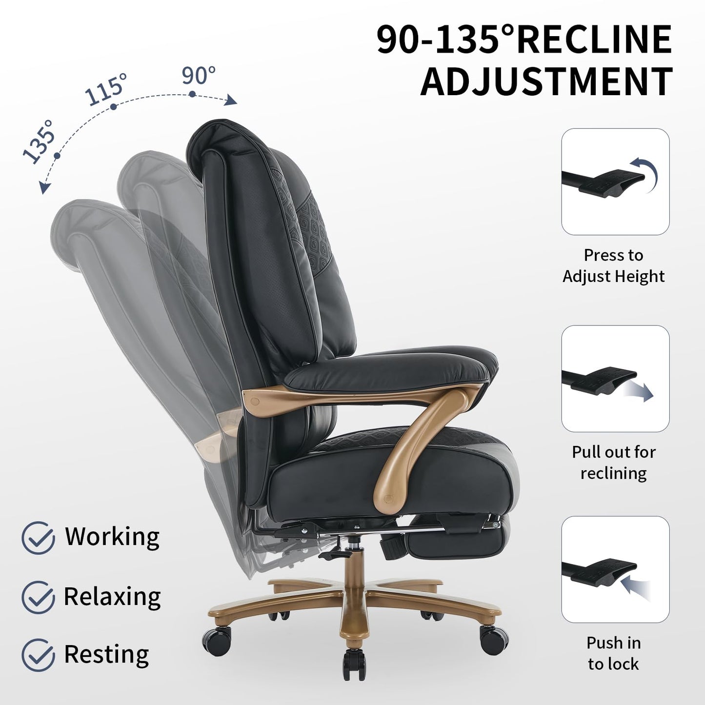 EXCEBET Big and Tall Executive Office Chair with Footrest, 400LBS Capacity Ergonomic High-Back Desk Office Chair with Lumbar Support, Padded Armrests & Thick Cushion, Black PU Leather Chairs